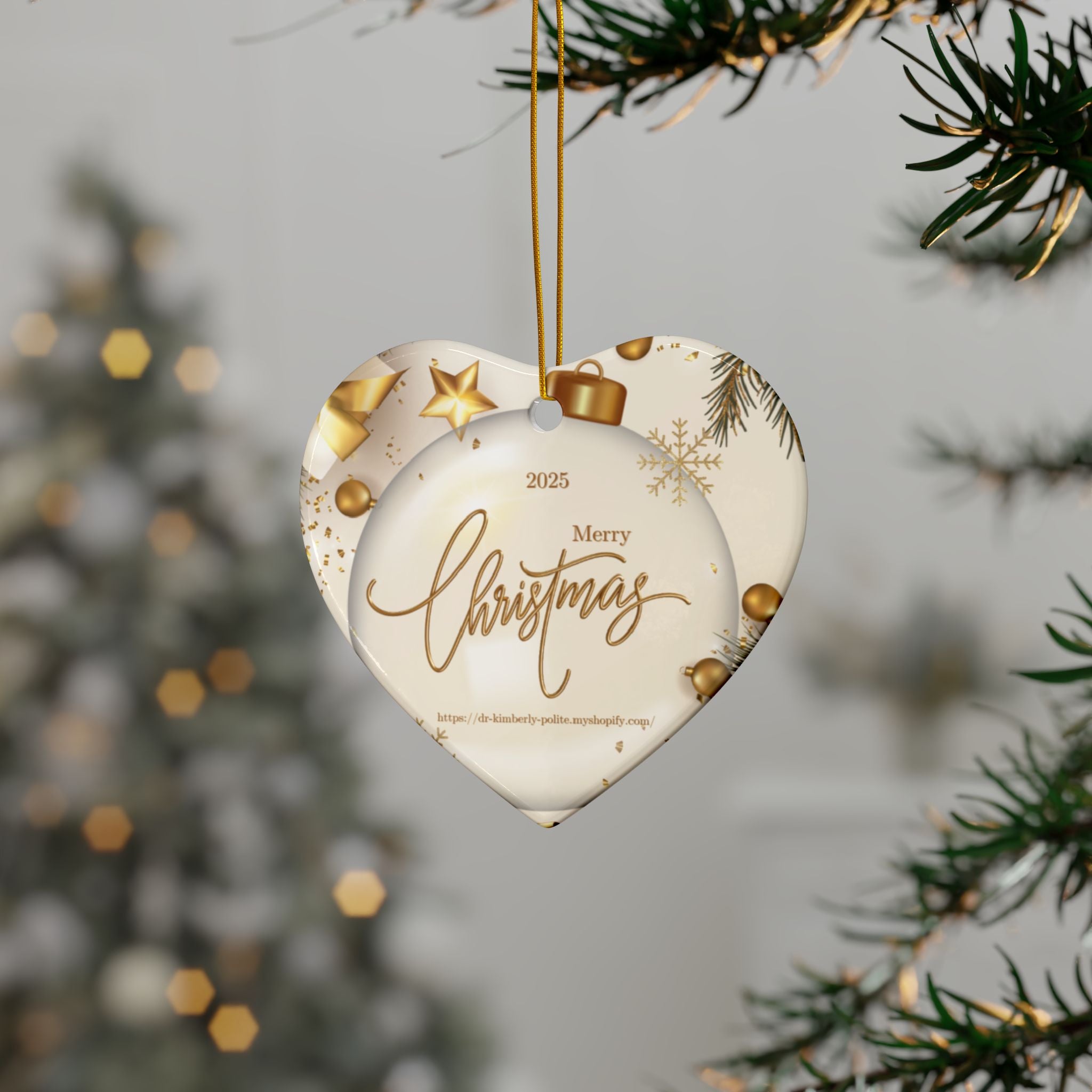 Merry Christmas 2025 Ceramic Ornament — Gold Holiday Tree Decoration (2-Sided)