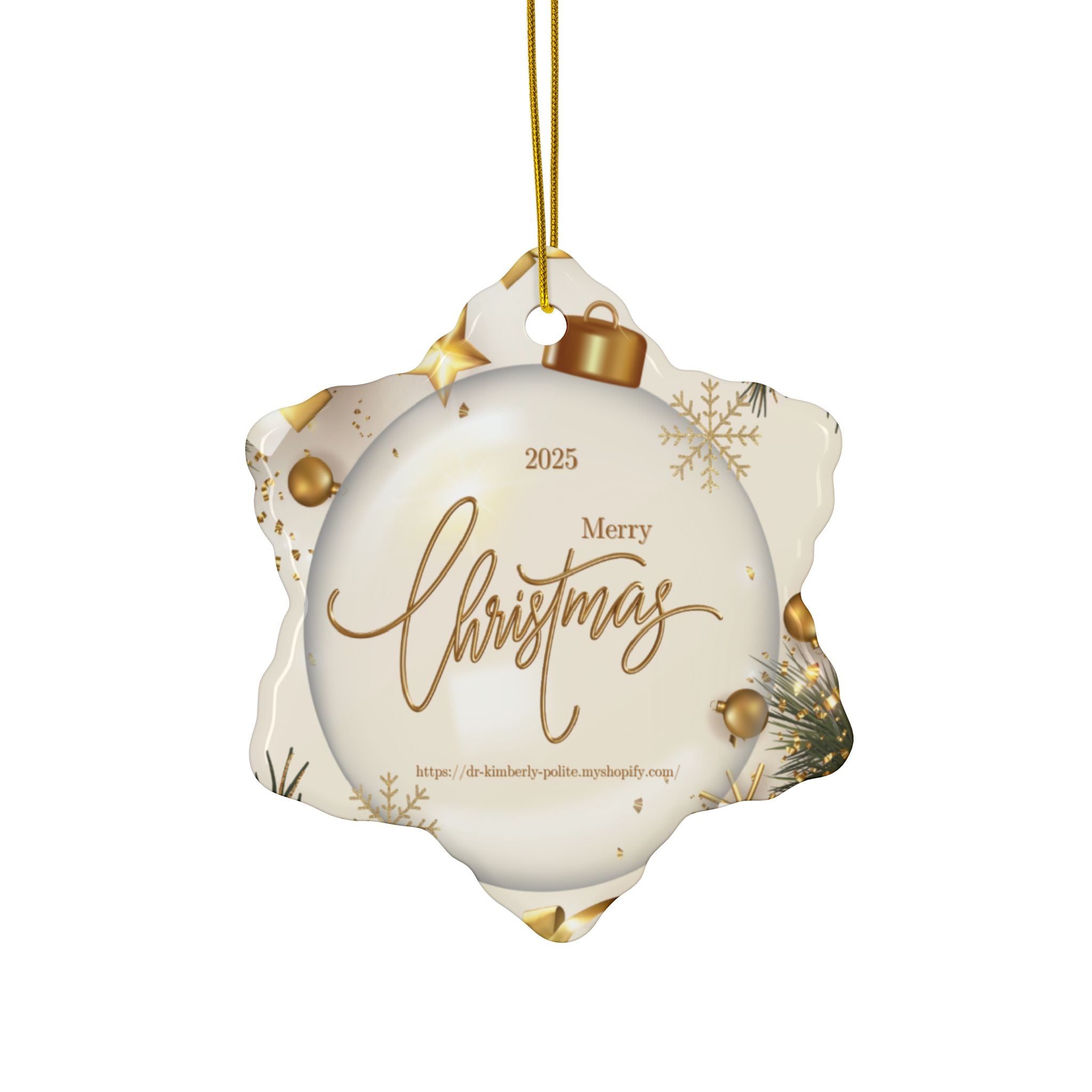 Merry Christmas 2025 Ceramic Ornament — Gold Holiday Tree Decoration (2-Sided)