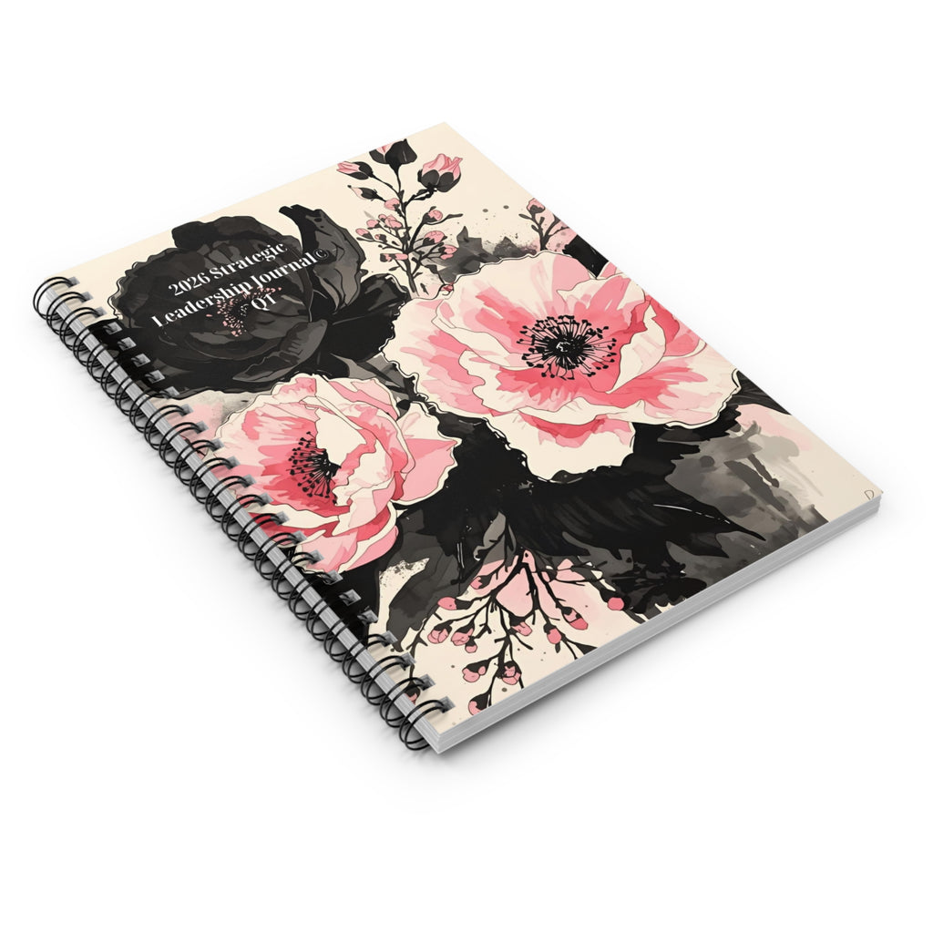 2026 Strategic Leadership Quarterly Journal — Black & Pink Florals -Spiral Ruled Journal-Unguided/Undated