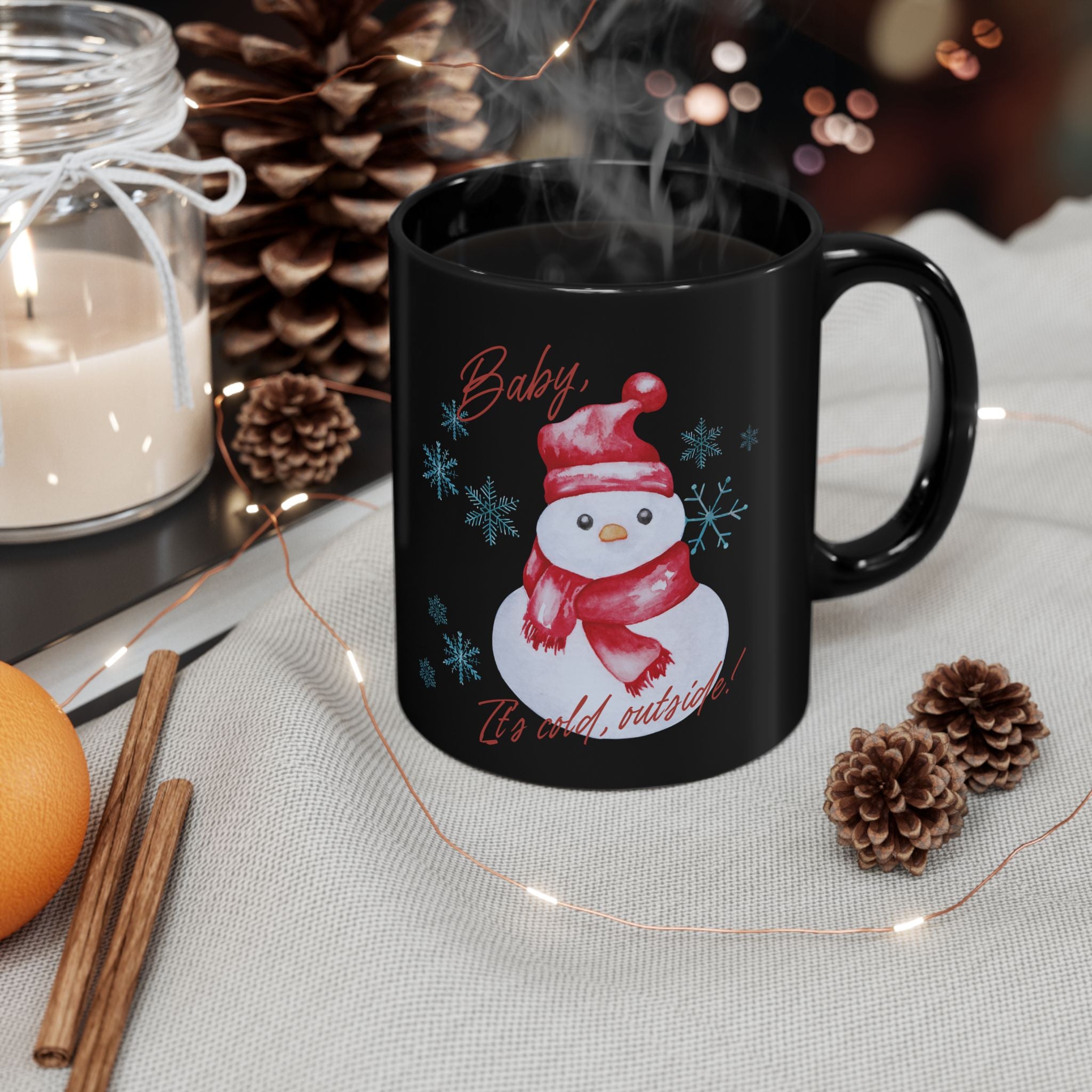Snowman Christmas Mug — "Baby, It's Cold Outside" Black Ceramic Coffee Cup (11oz/15oz)