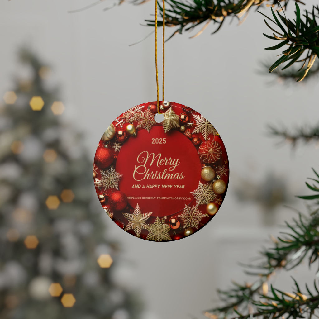 Merry Christmas 2025 Ceramic Ornament – Red & Gold Holiday Tree Decoration (2-Sided)