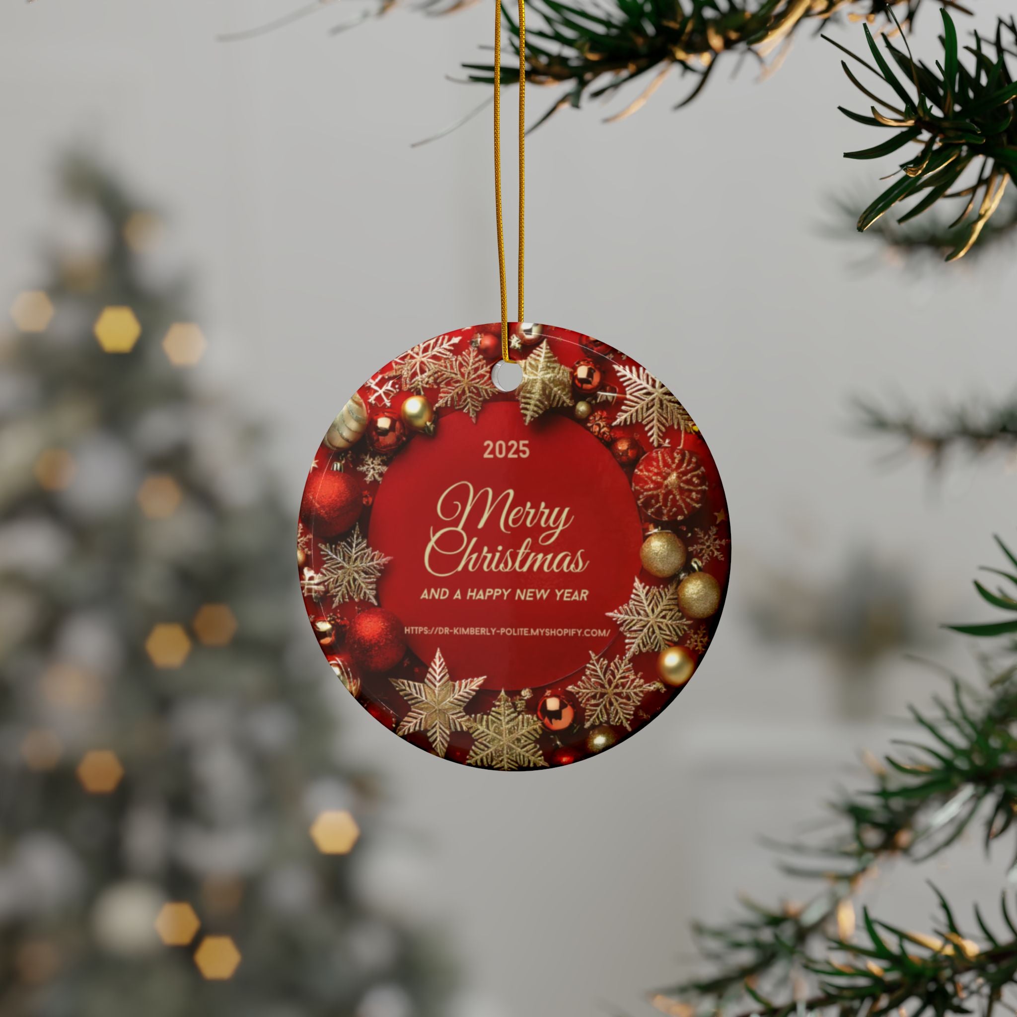 Merry Christmas 2025 Ceramic Ornament – Red & Gold Holiday Tree Decoration (2-Sided)