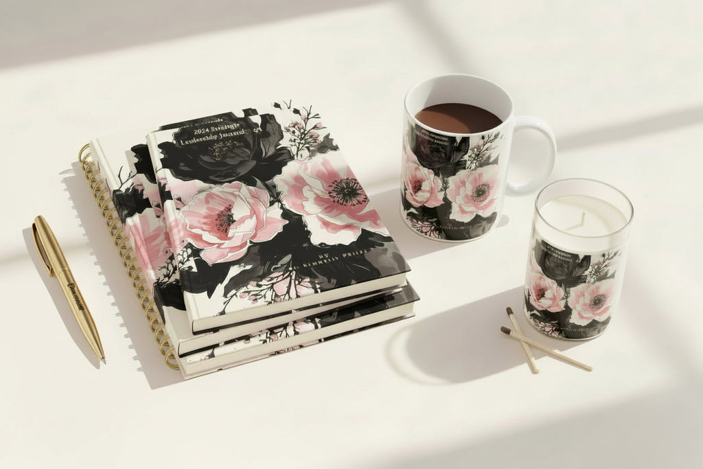 2026 Annual Planner, Quarterly Journal, Mug, & Candle Leadership "Bundle"-Pink & Black Florals