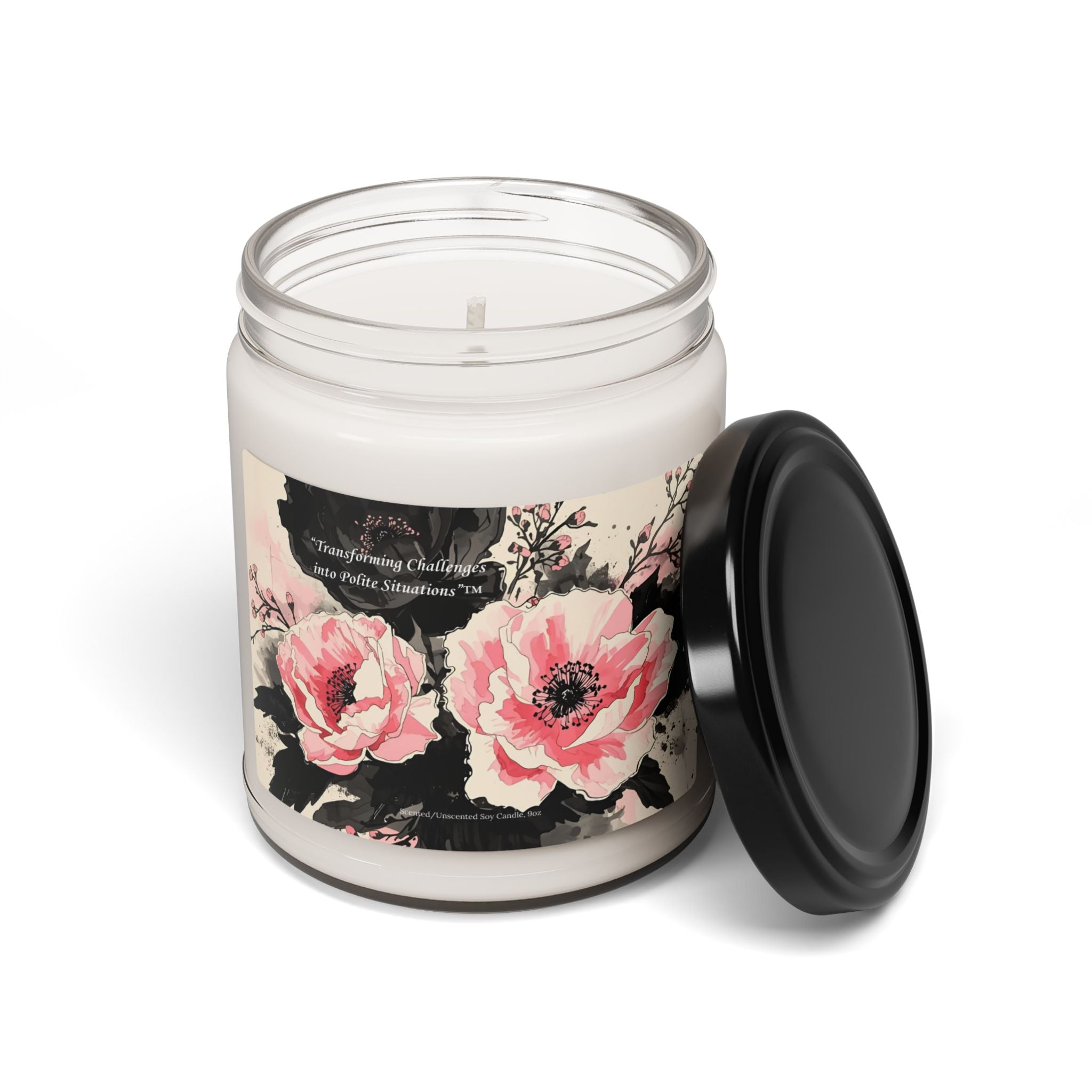 Black & Pink Florals Scented Soy Candle — 9oz Fragrance Jar