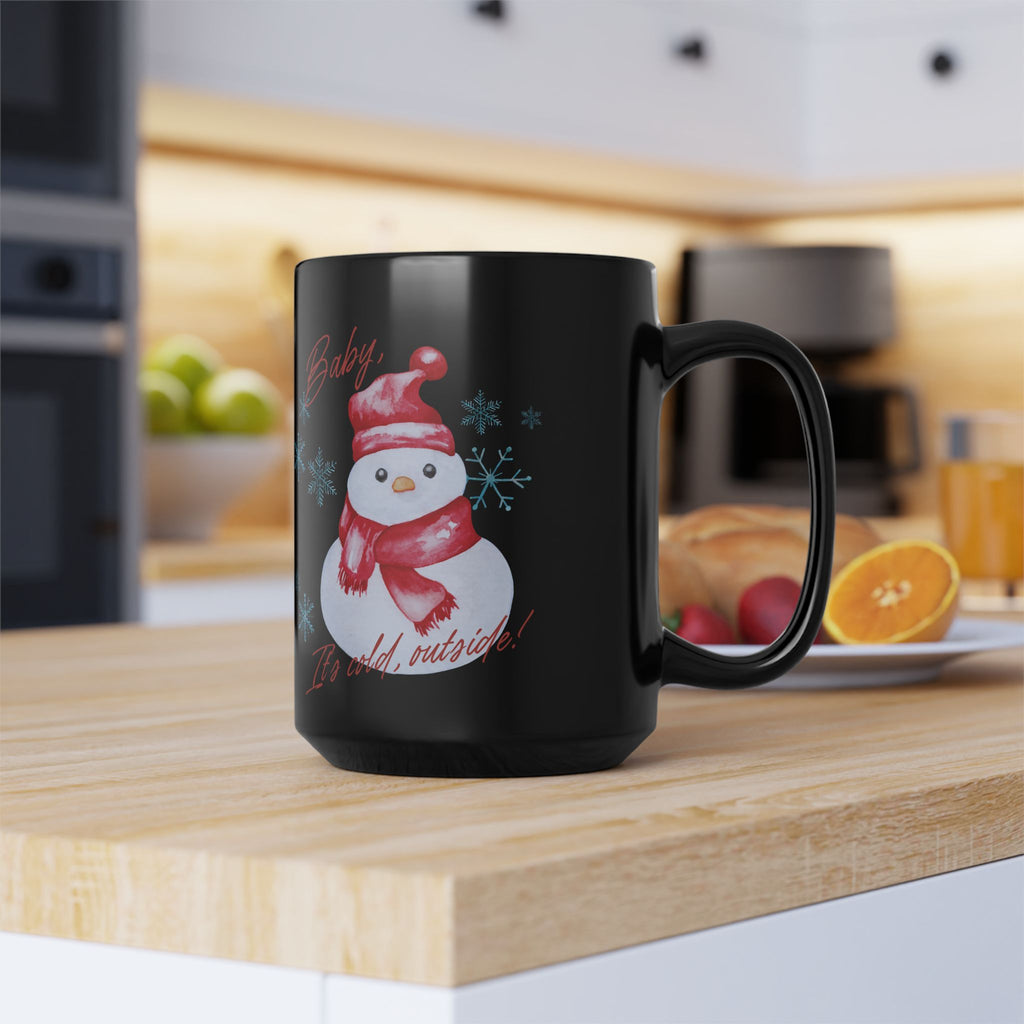 Snowman Christmas Mug — "Baby, It's Cold Outside" Black Ceramic Coffee Cup (11oz/15oz)