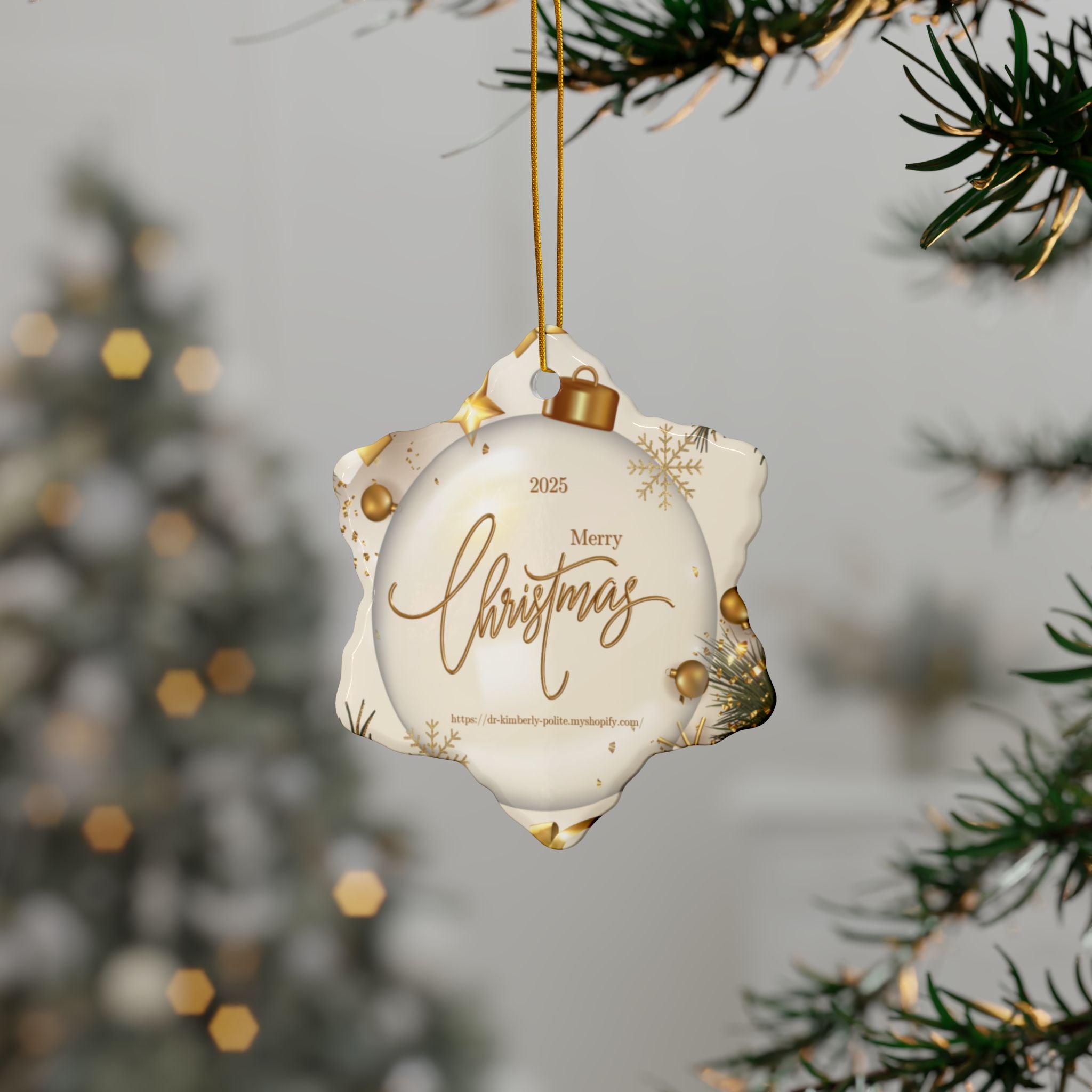 Merry Christmas 2025 Ceramic Ornament — Gold Holiday Tree Decoration (2-Sided)