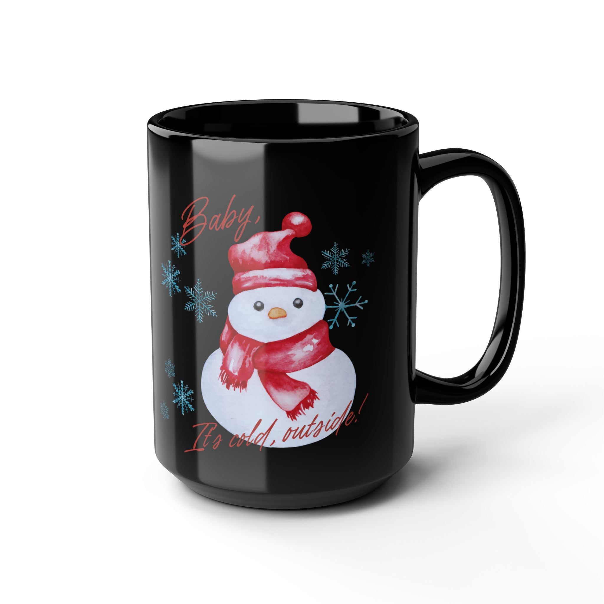 Snowman Christmas Mug — "Baby, It's Cold Outside" Black Ceramic Coffee Cup (11oz/15oz)