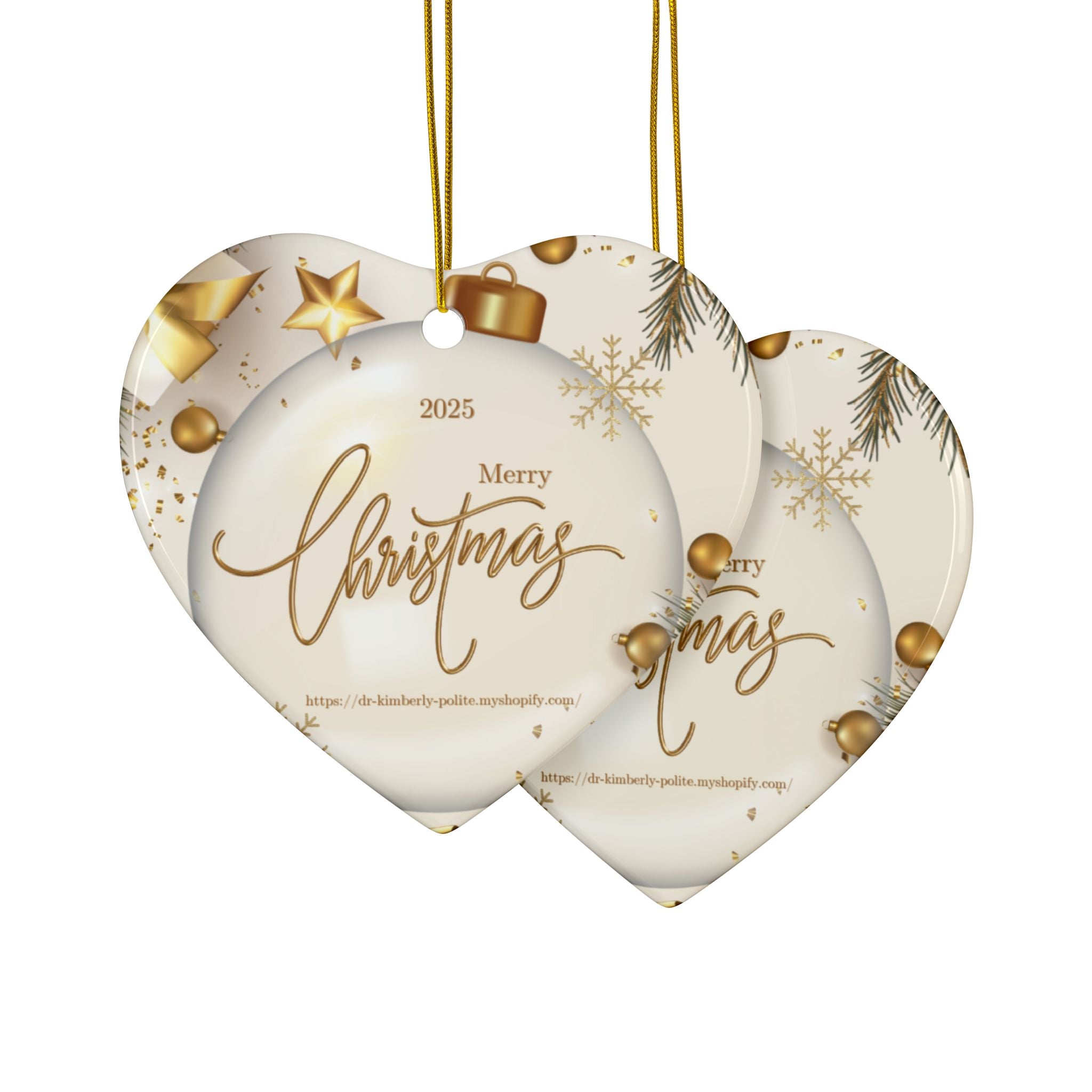 Merry Christmas 2025 Ceramic Ornament — Gold Holiday Tree Decoration (2-Sided)