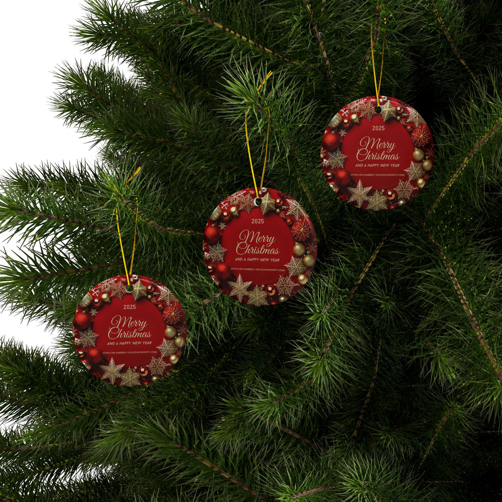 Merry Christmas 2025 Ceramic Ornament – Red & Gold Holiday Tree Decoration (2-Sided)