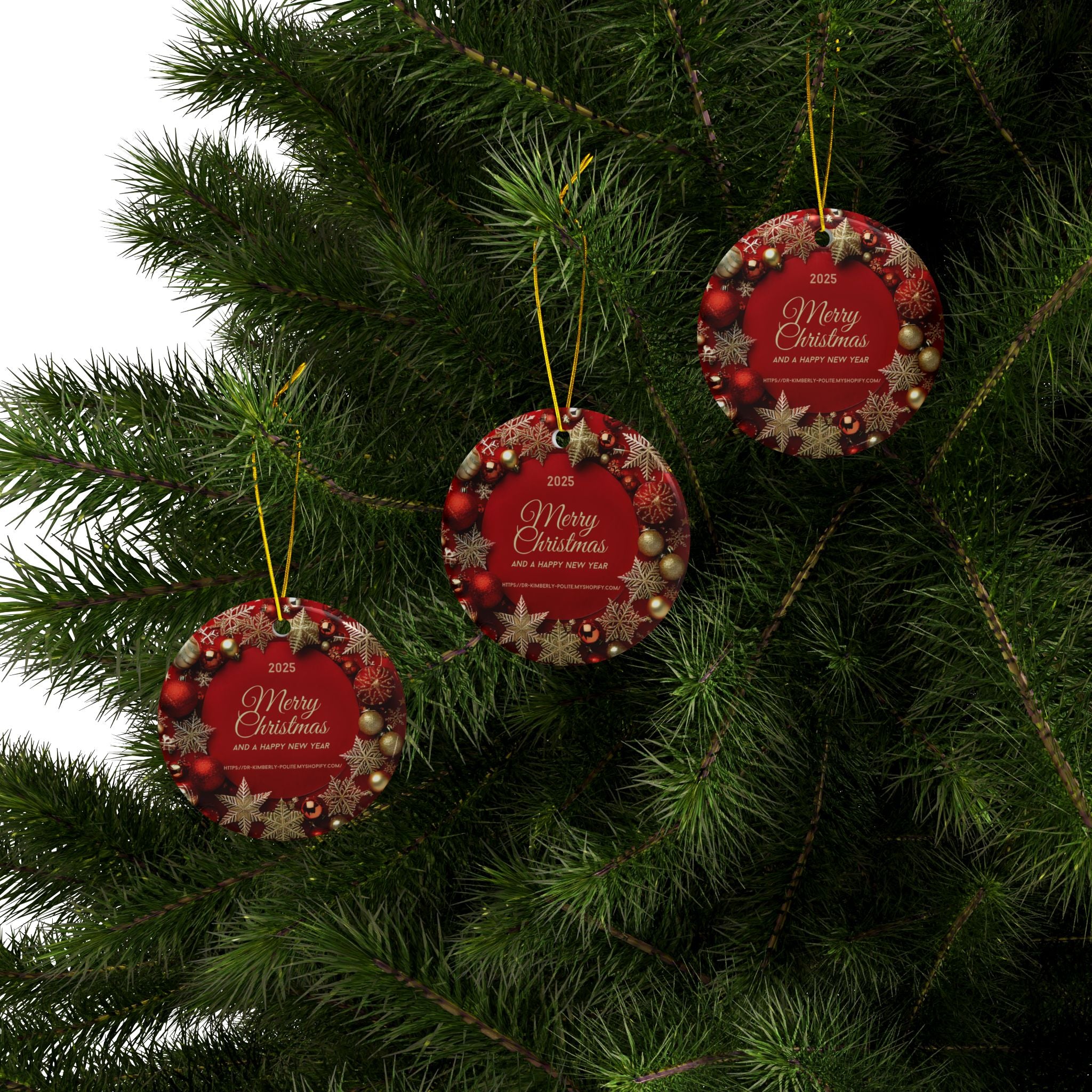 Merry Christmas 2025 Ceramic Ornament – Red & Gold Holiday Tree Decoration (2-Sided)