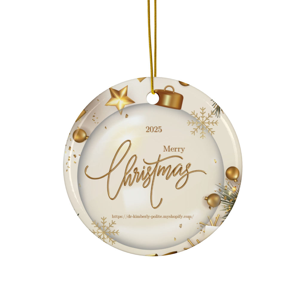 Merry Christmas 2025 Ceramic Ornament — Gold Holiday Tree Decoration (2-Sided)