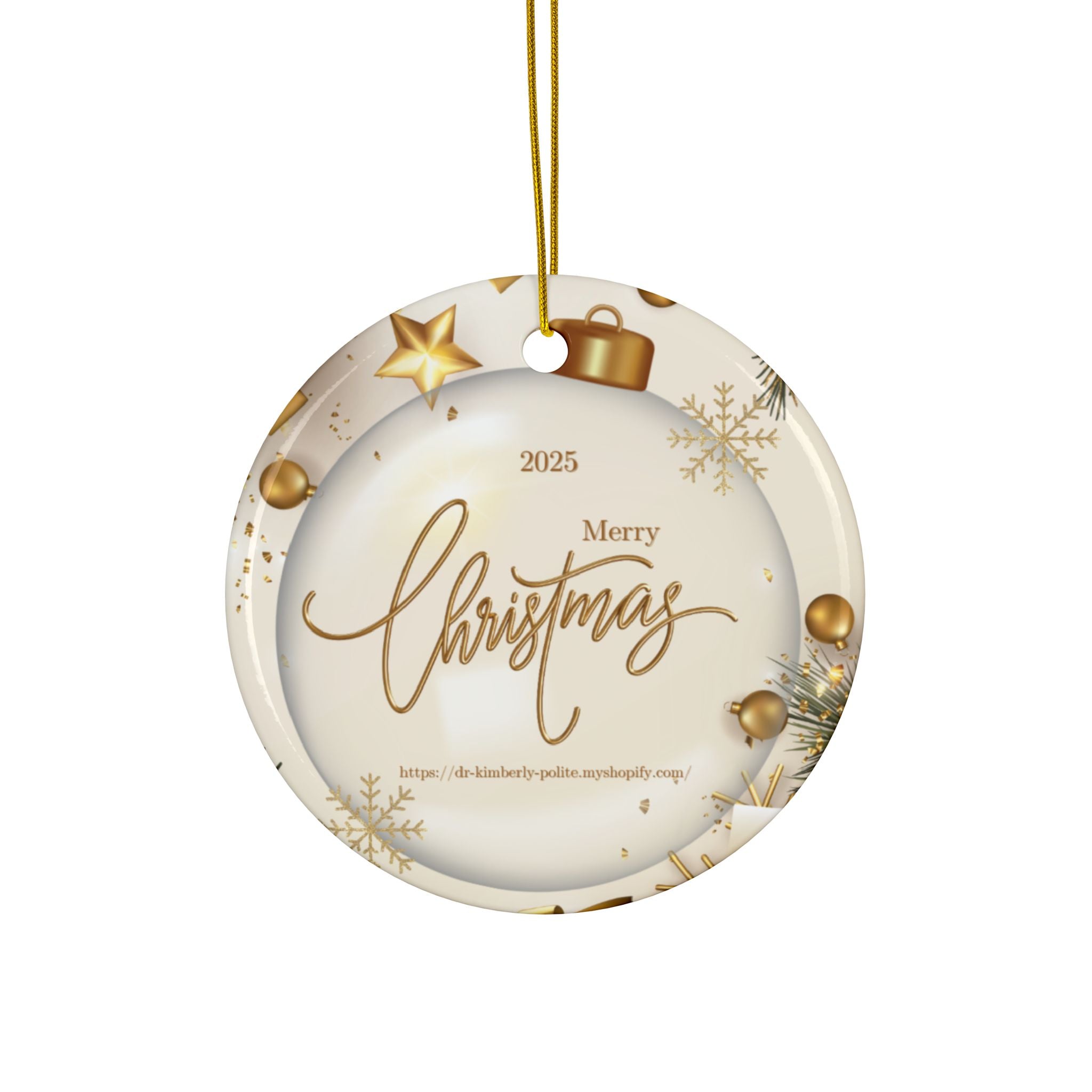 Merry Christmas 2025 Ceramic Ornament — Gold Holiday Tree Decoration (2-Sided)