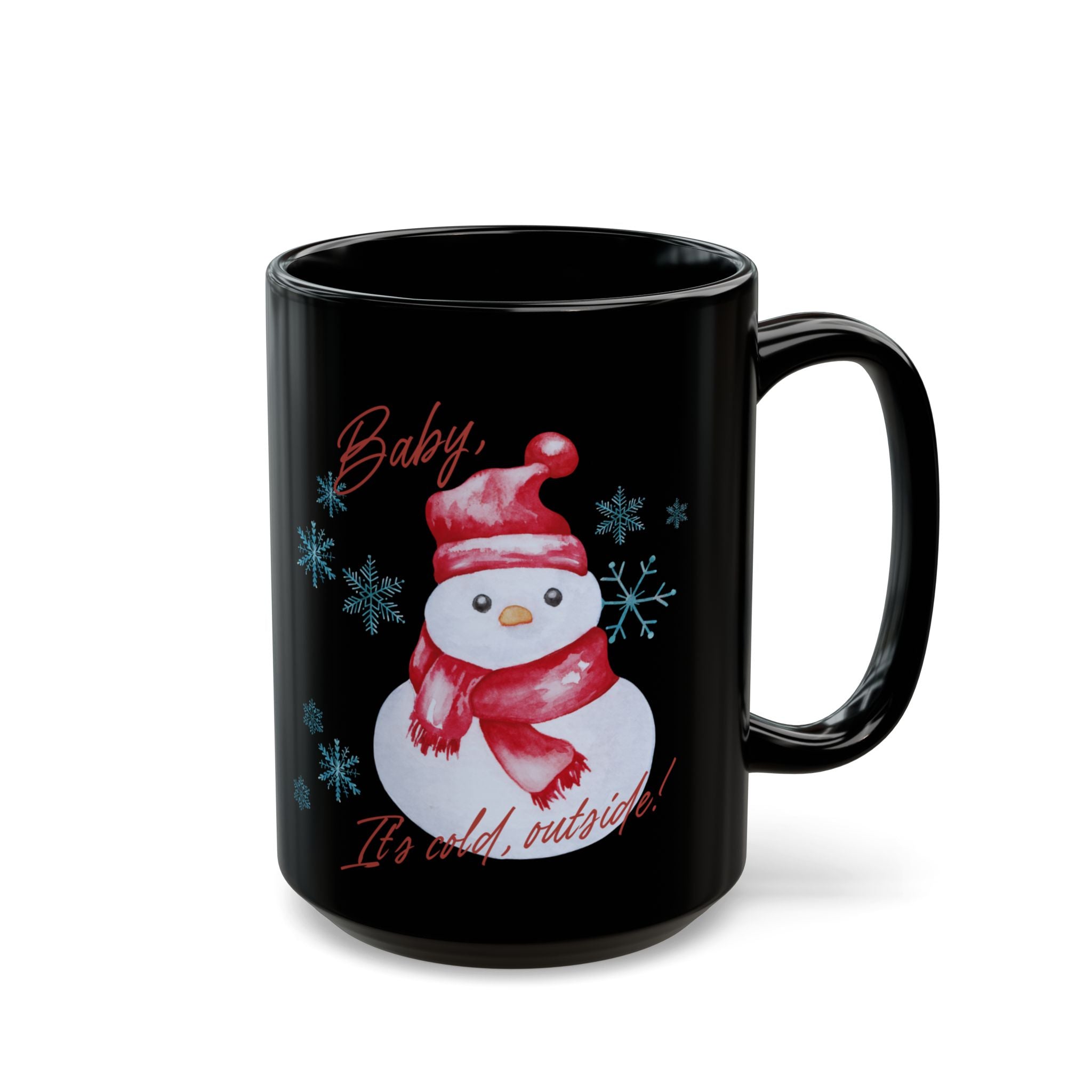 Snowman Christmas Mug — "Baby, It's Cold Outside" Black Ceramic Coffee Cup (11oz/15oz)