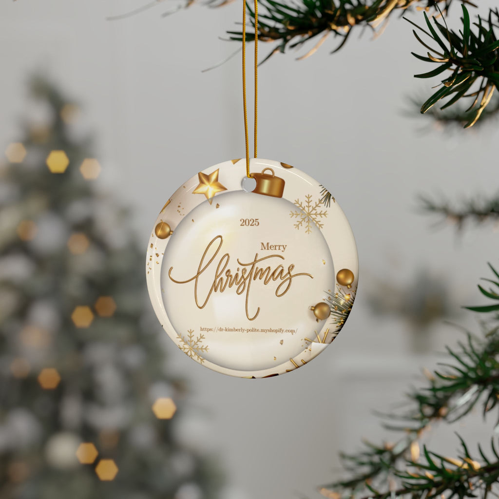 Merry Christmas 2025 Ceramic Ornament — Gold Holiday Tree Decoration (2-Sided)