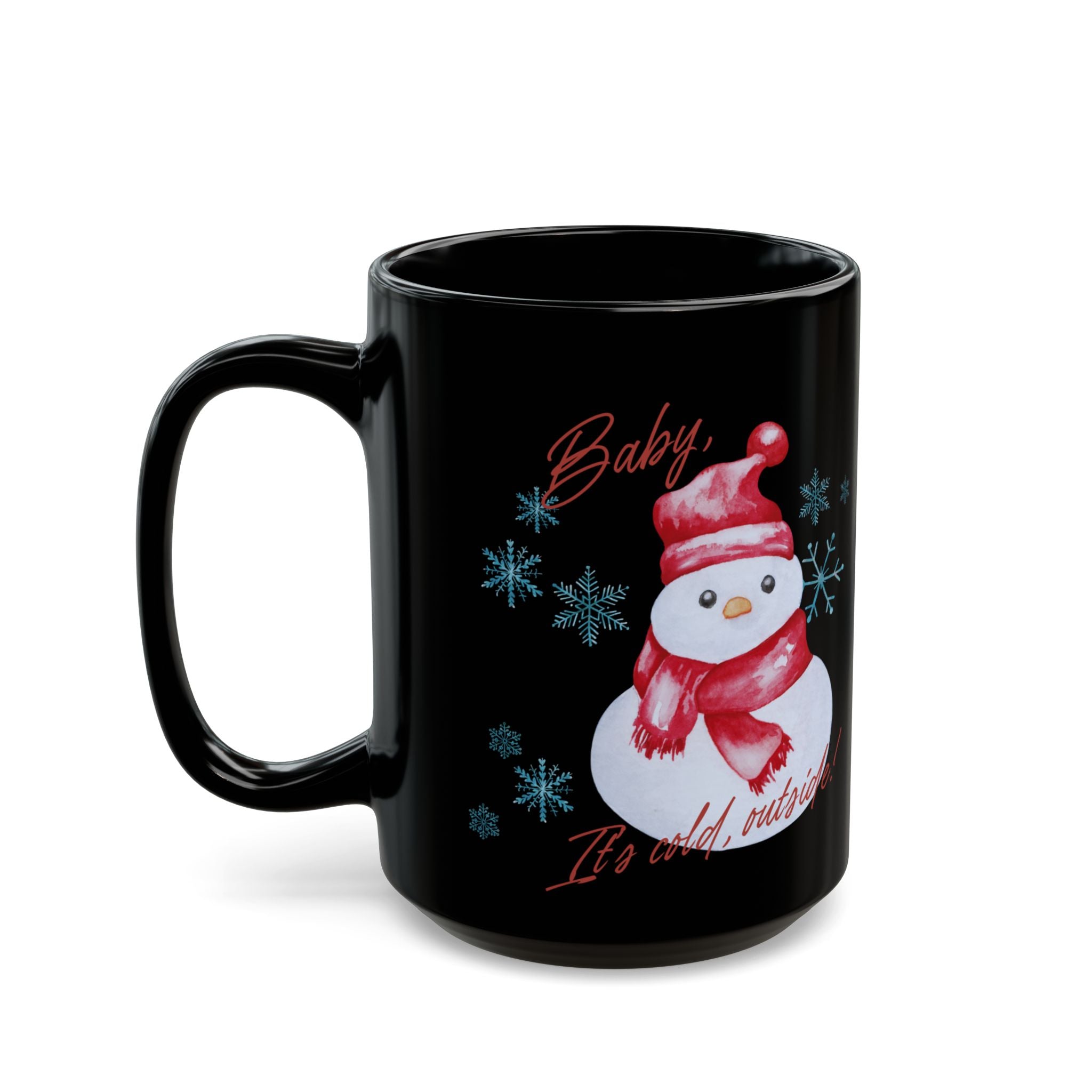 Snowman Christmas Mug — "Baby, It's Cold Outside" Black Ceramic Coffee Cup (11oz/15oz)