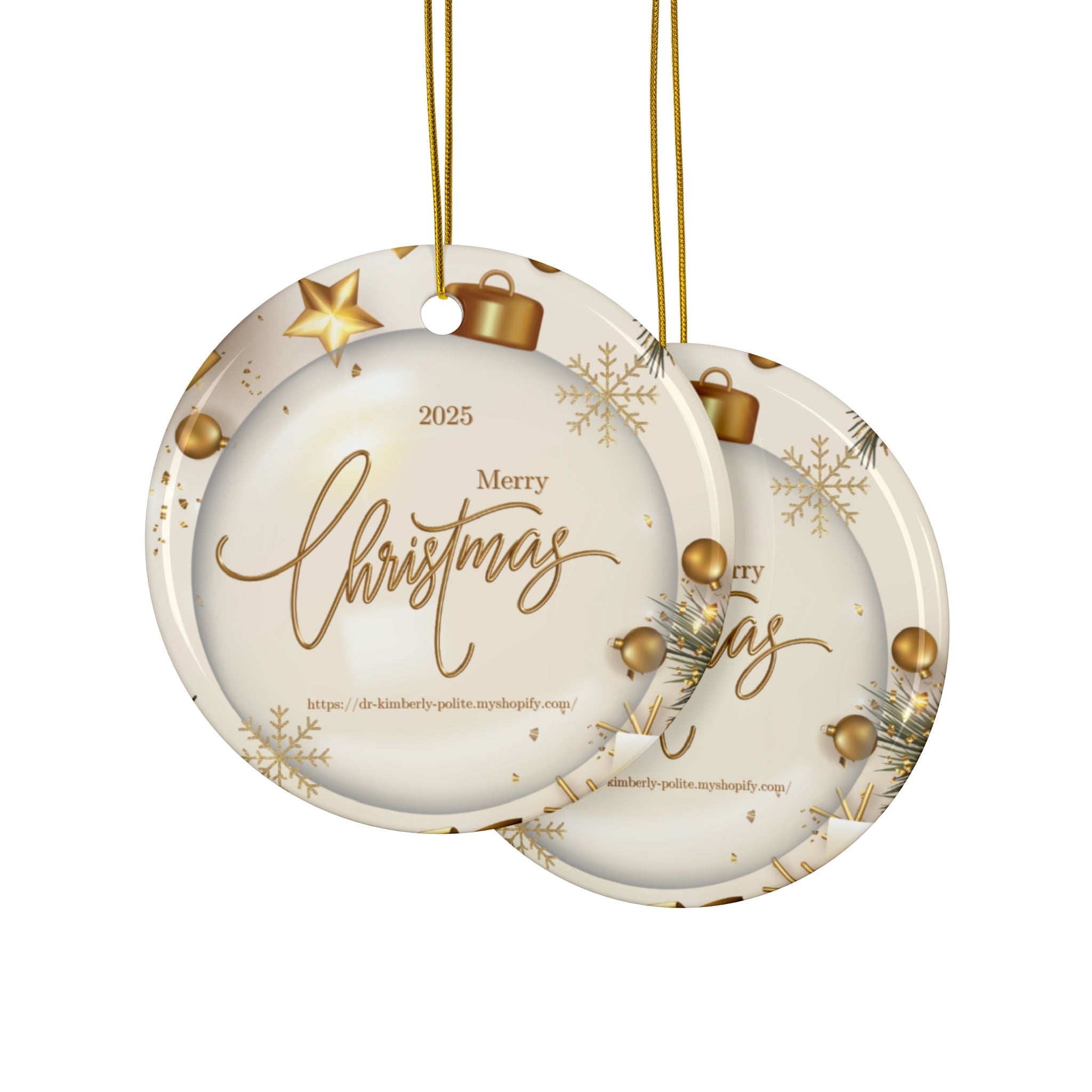 Merry Christmas 2025 Ceramic Ornament — Gold Holiday Tree Decoration (2-Sided)