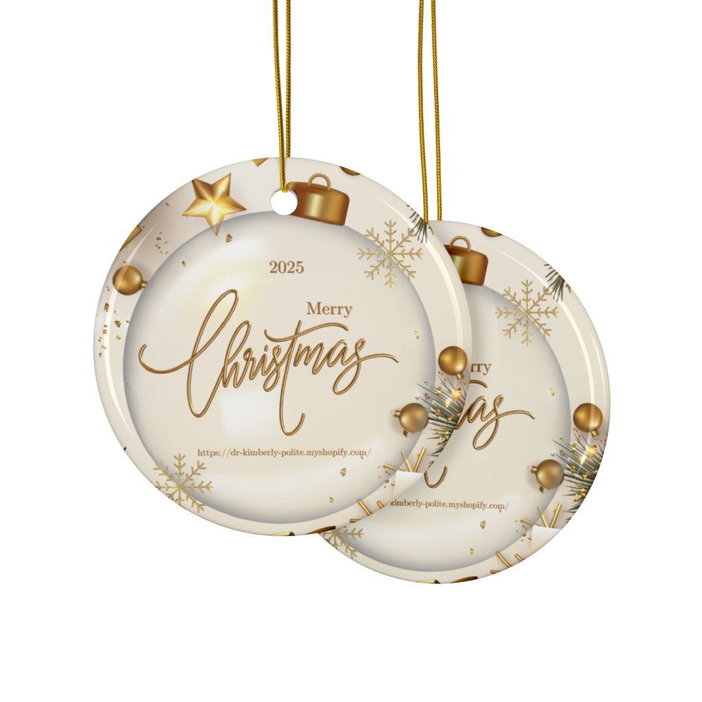 Merry Christmas 2025 Ceramic Ornament — Gold Holiday Tree Decoration (2-Sided)