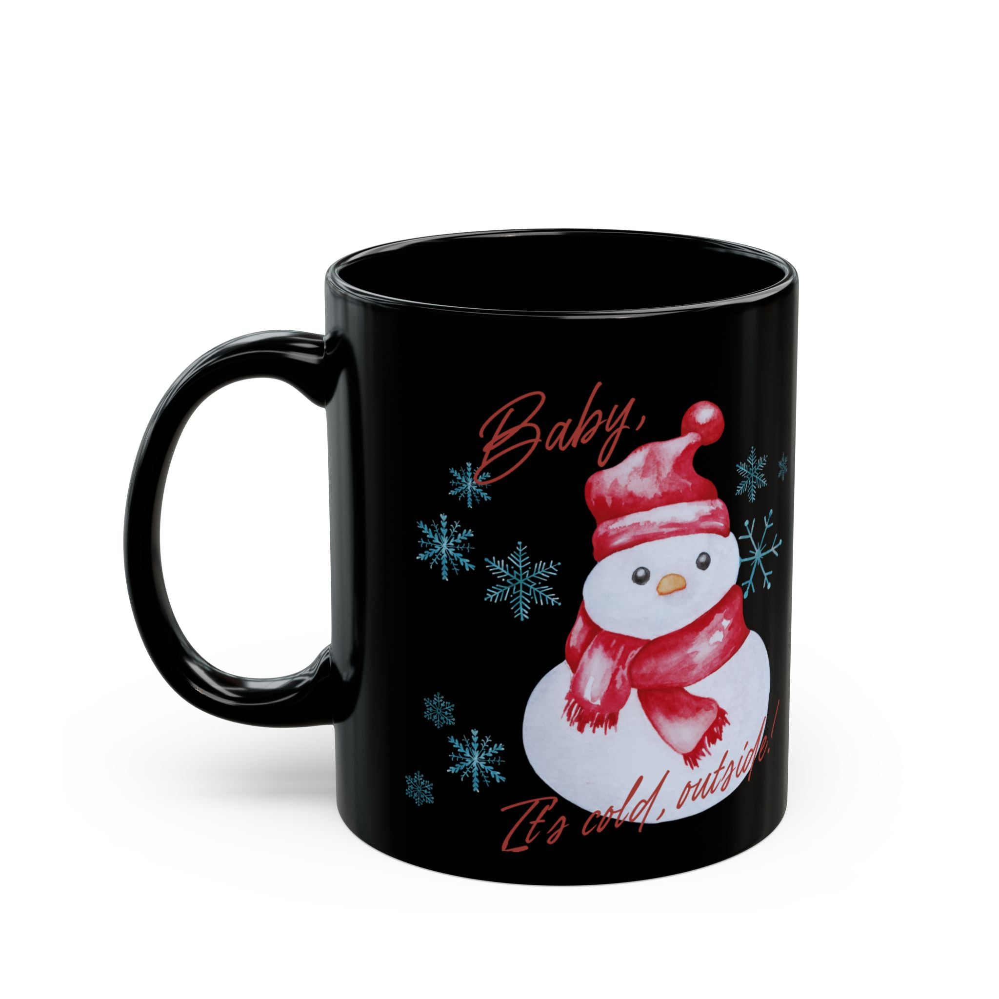 Snowman Christmas Mug — "Baby, It's Cold Outside" Black Ceramic Coffee Cup (11oz/15oz)