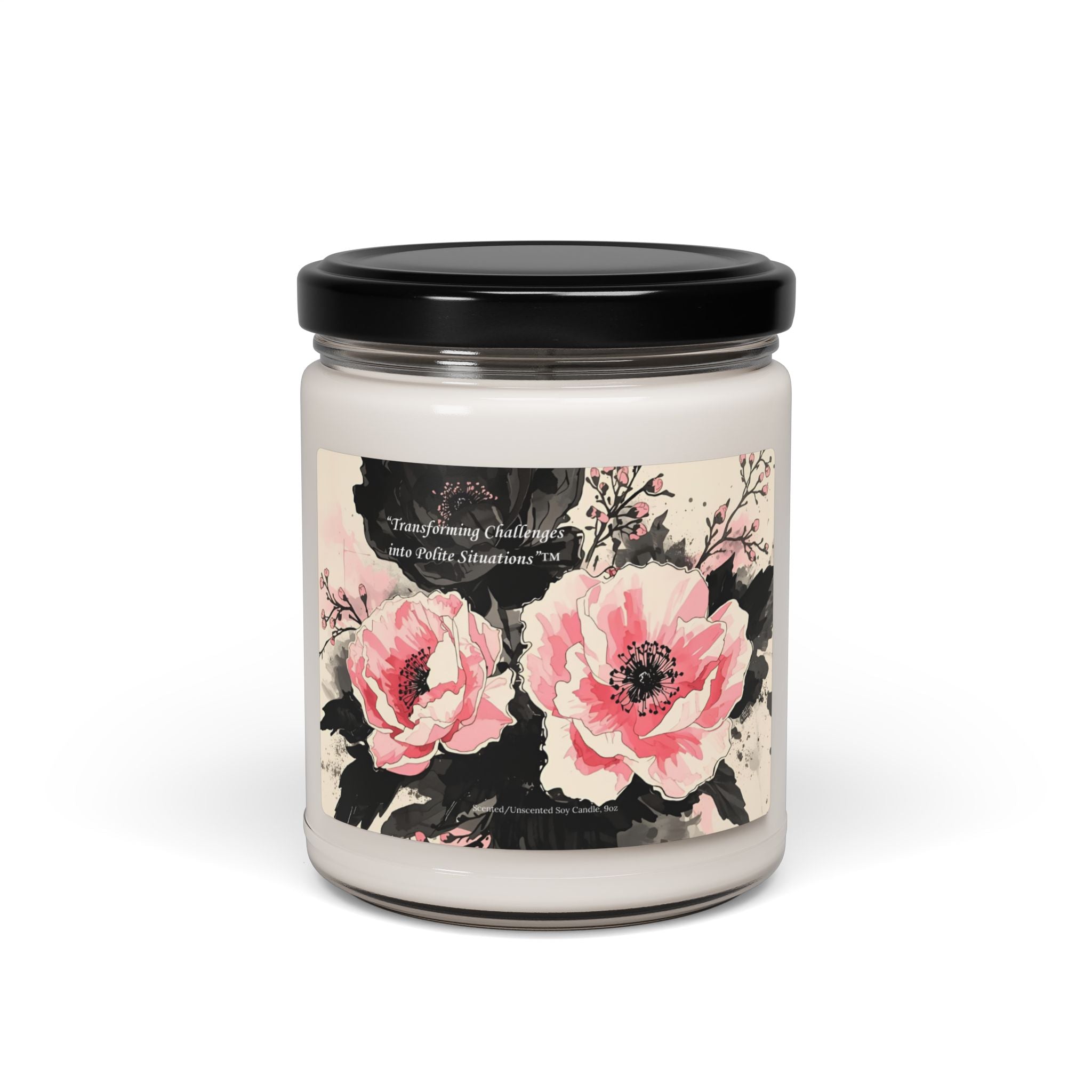 Black & Pink Florals Scented Soy Candle — 9oz Fragrance Jar
