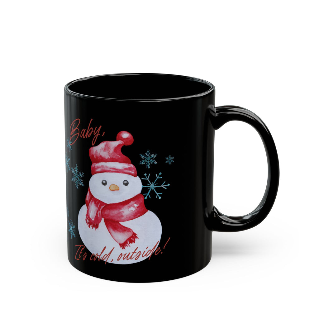 Snowman Christmas Mug — "Baby, It's Cold Outside" Black Ceramic Coffee Cup (11oz/15oz)