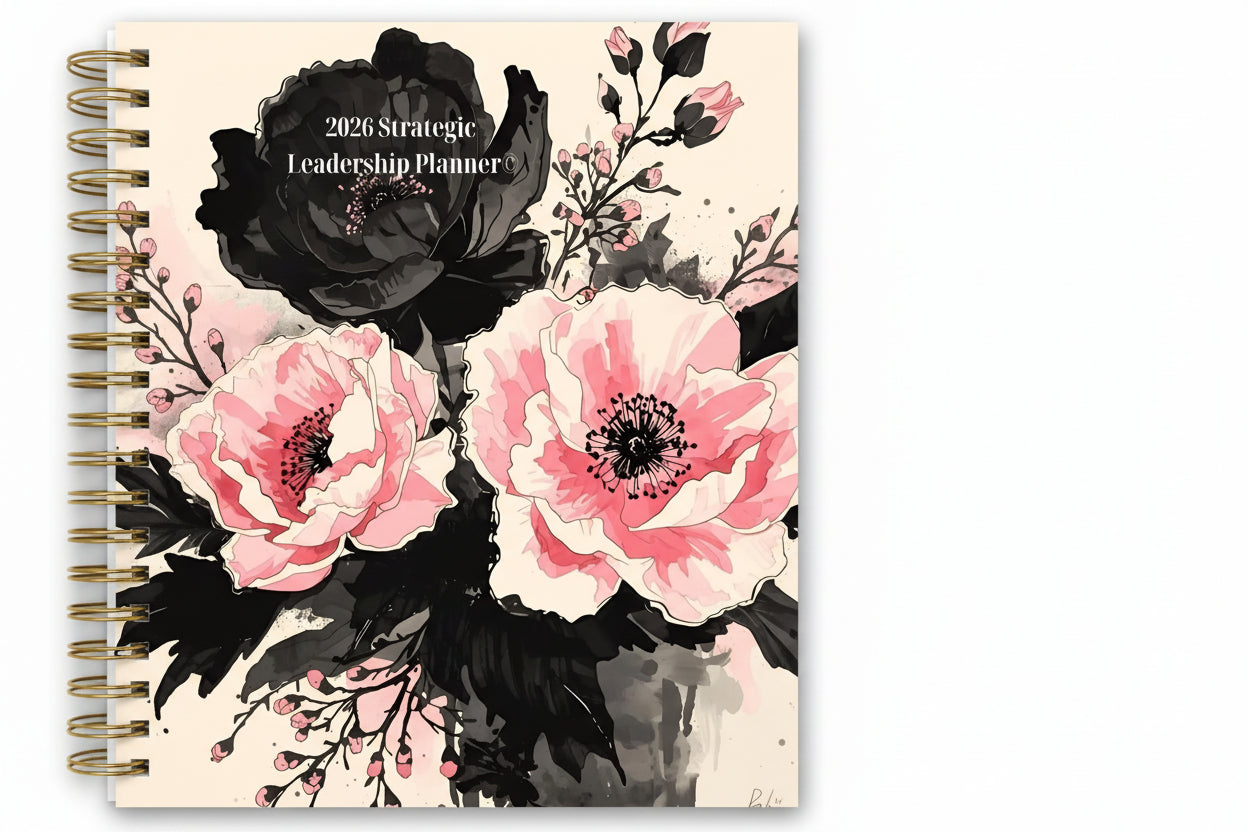 2026 Annual Planner & Mug "Bundle" -Pink & Black Florals-Hardcover, Guided