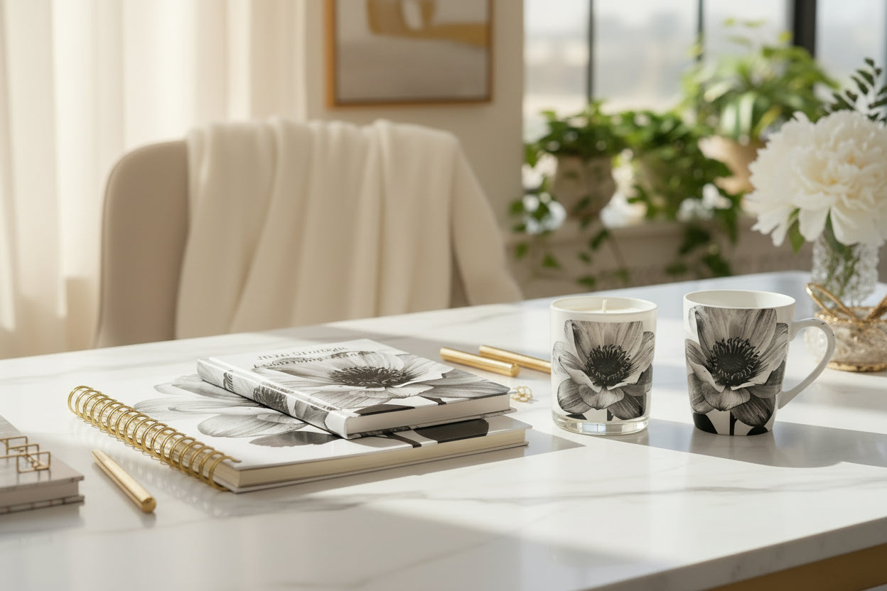 2026 Annual Planner, Quarterly Journal, Mug, & Candle "Bundle"-Black & White Florals