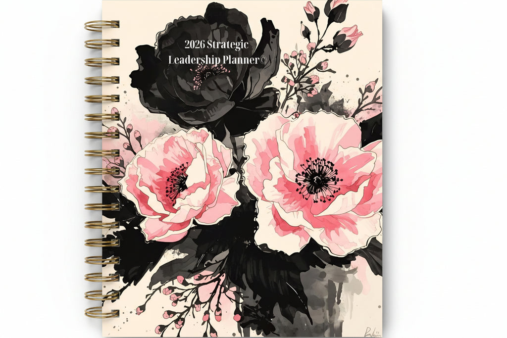 2026 Annual Strategic Leadership Planner-Black & Pink Florals, Spiral Bound, Guided, & Dated