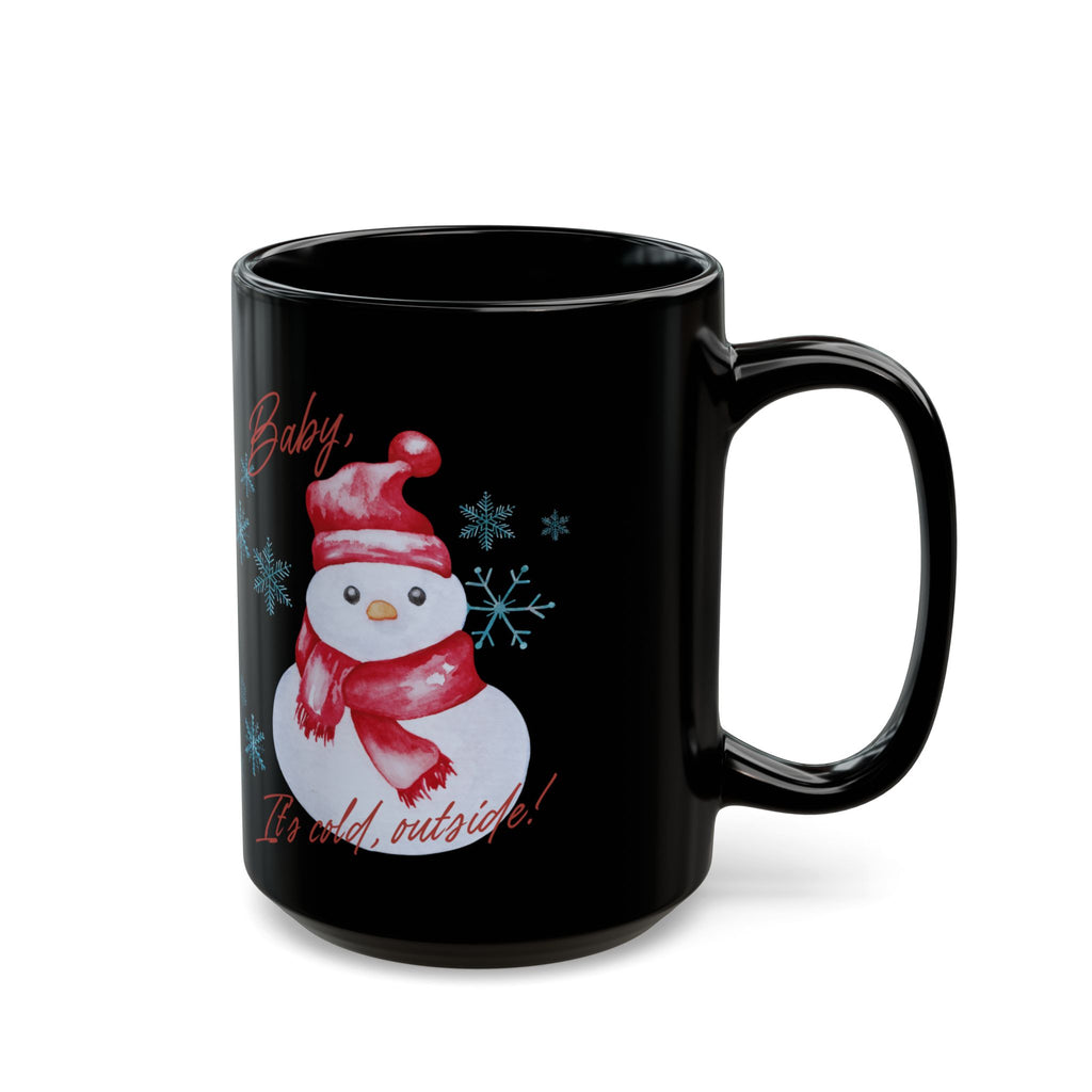 Snowman Christmas Mug — "Baby, It's Cold Outside" Black Ceramic Coffee Cup (11oz/15oz)