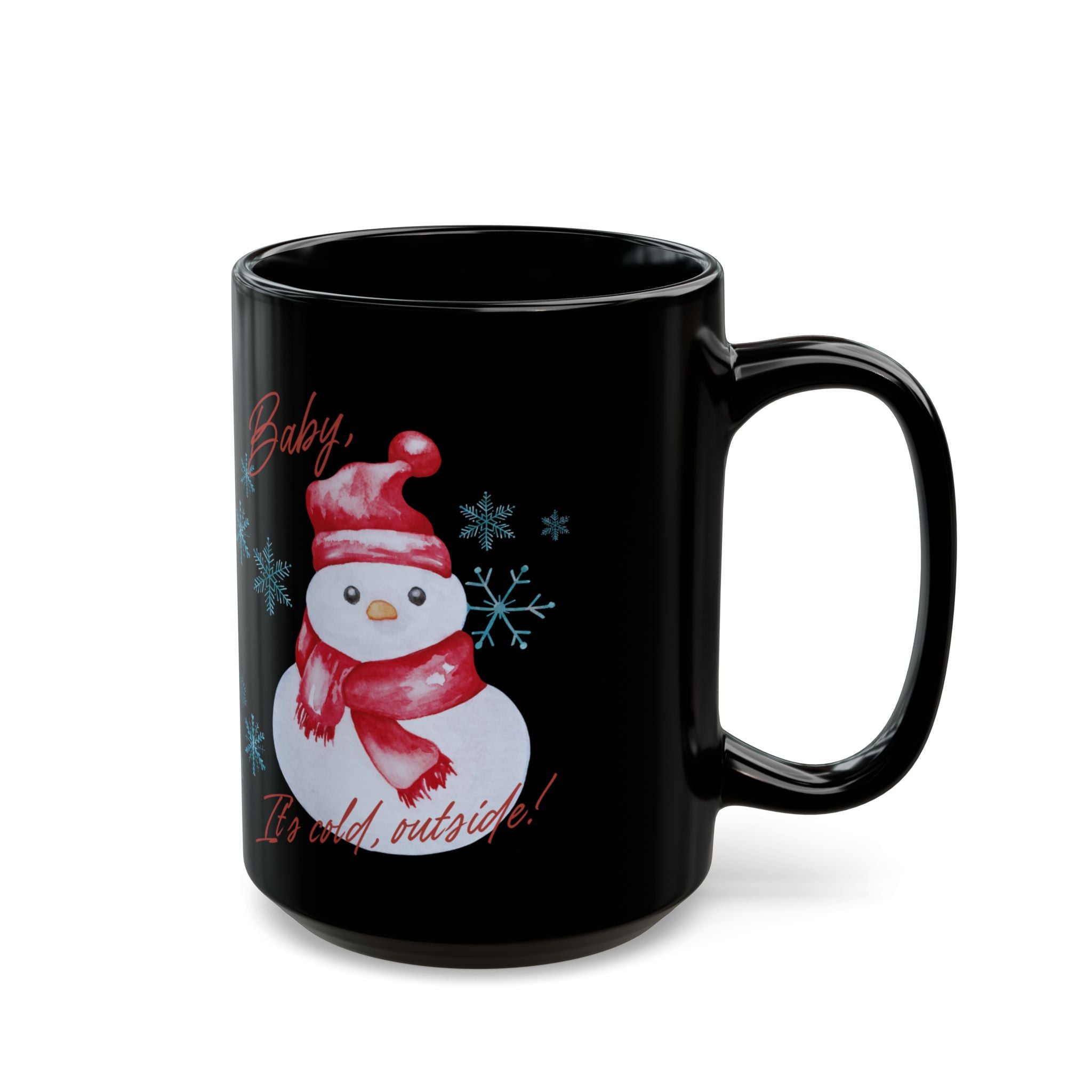 Snowman Christmas Mug — "Baby, It's Cold Outside" Black Ceramic Coffee Cup (11oz/15oz)