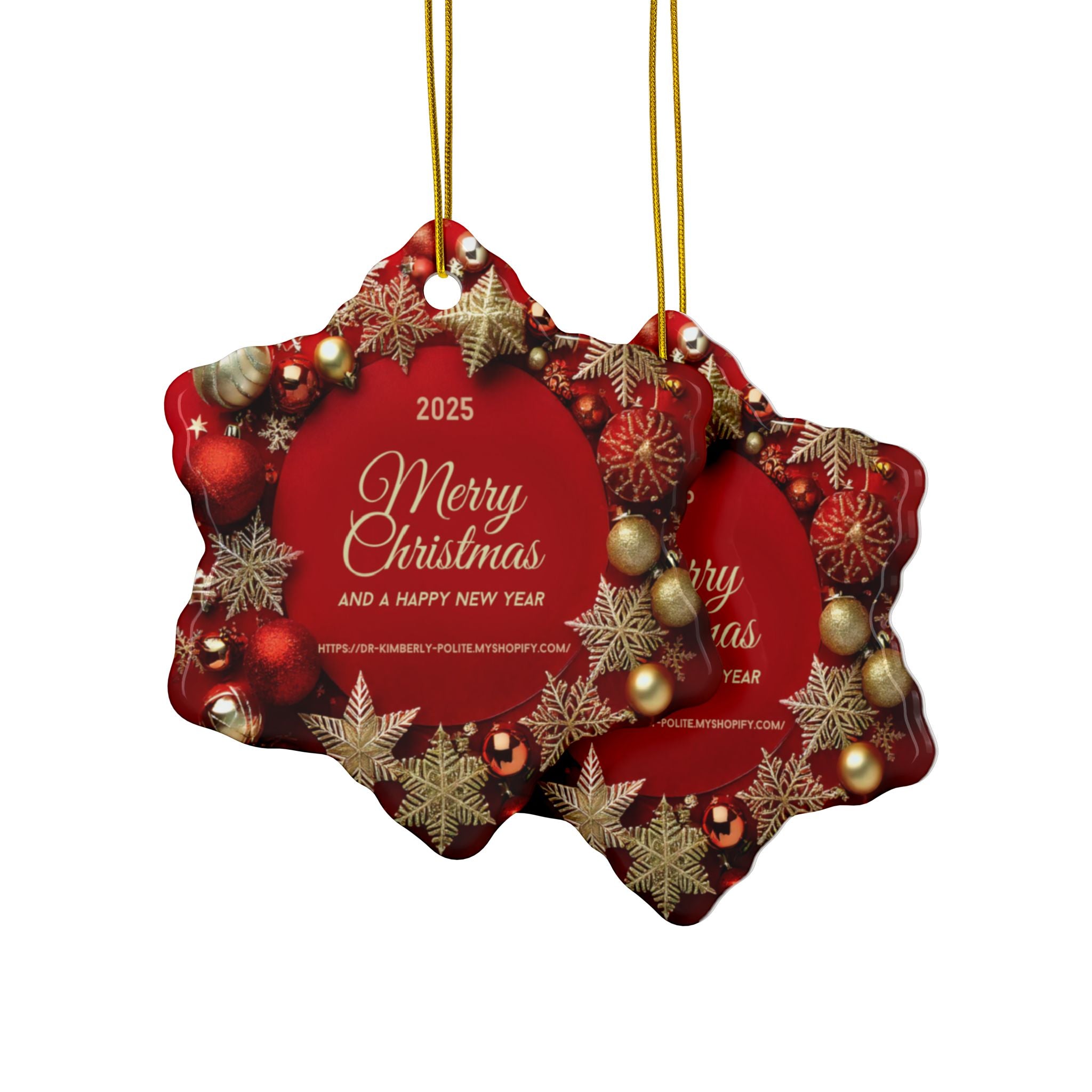 Merry Christmas 2025 Ceramic Ornament – Red & Gold Holiday Tree Decoration (2-Sided)