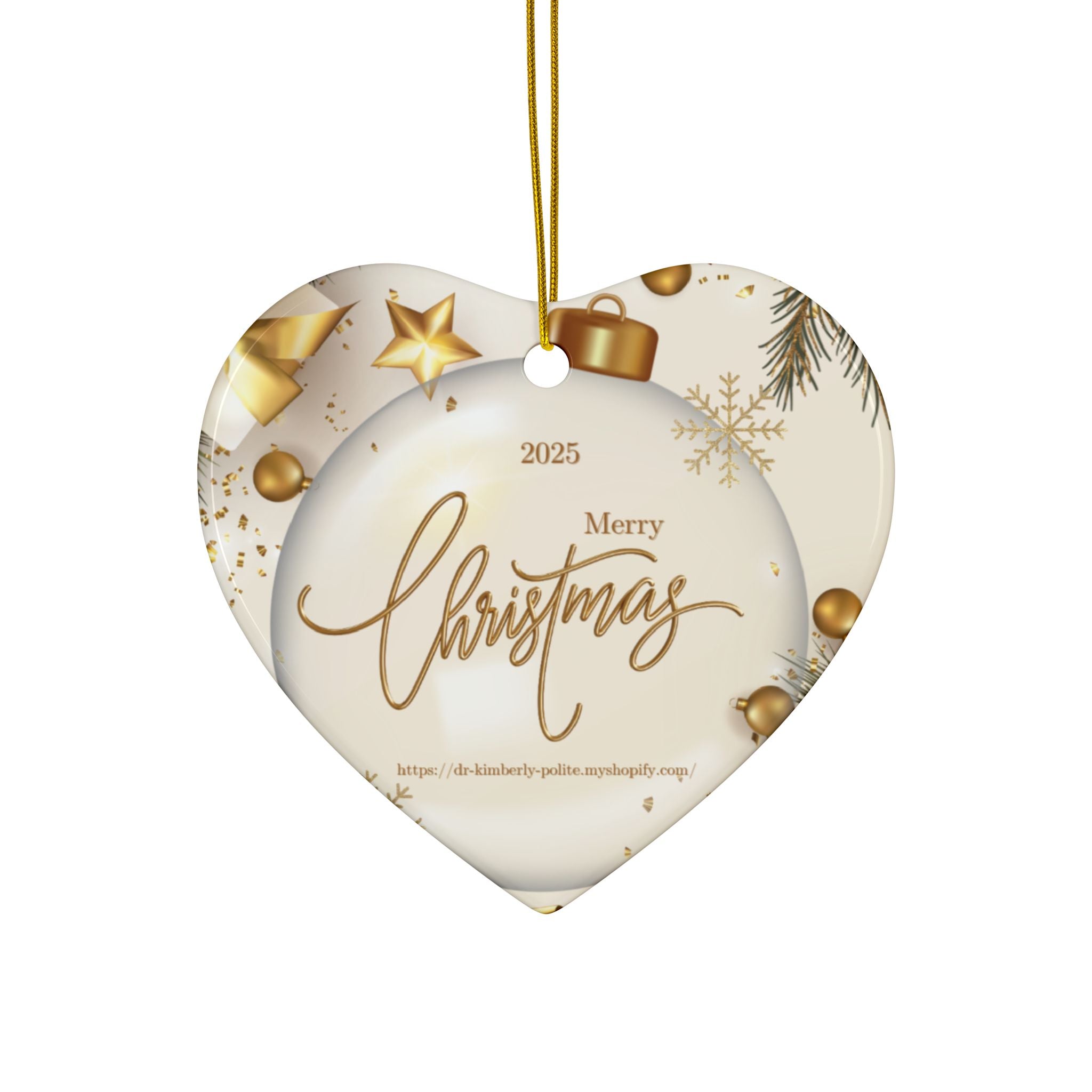 Merry Christmas 2025 Ceramic Ornament — Gold Holiday Tree Decoration (2-Sided)