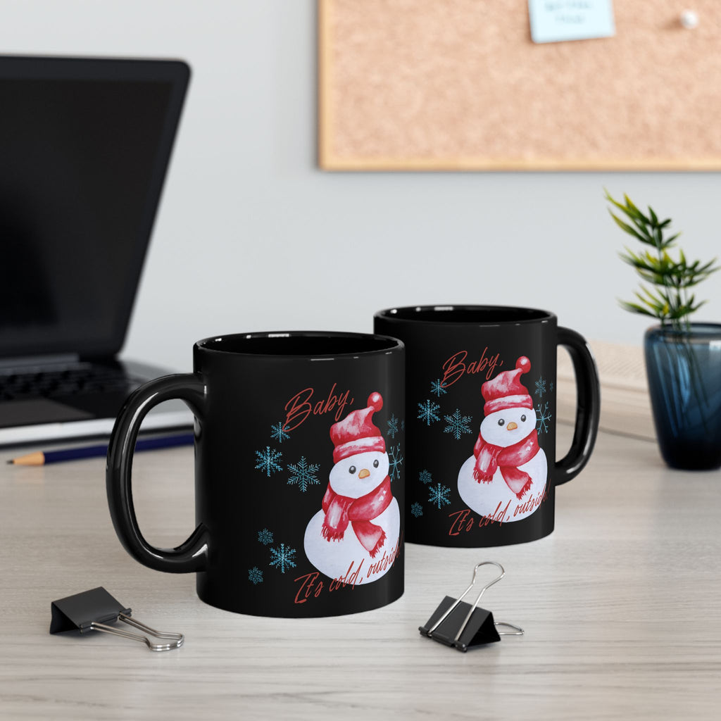 Snowman Christmas Mug — "Baby, It's Cold Outside" Black Ceramic Coffee Cup (11oz/15oz)