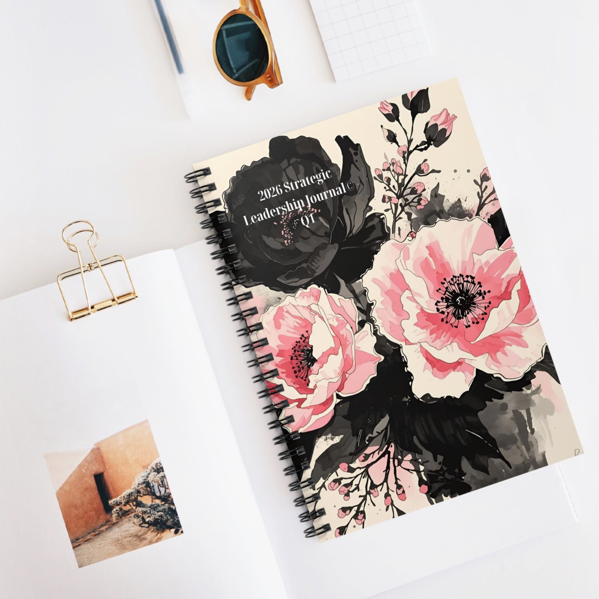 2026 Strategic Leadership Quarterly Journal — Black & Pink Florals -Spiral Ruled Journal-Unguided/Undated