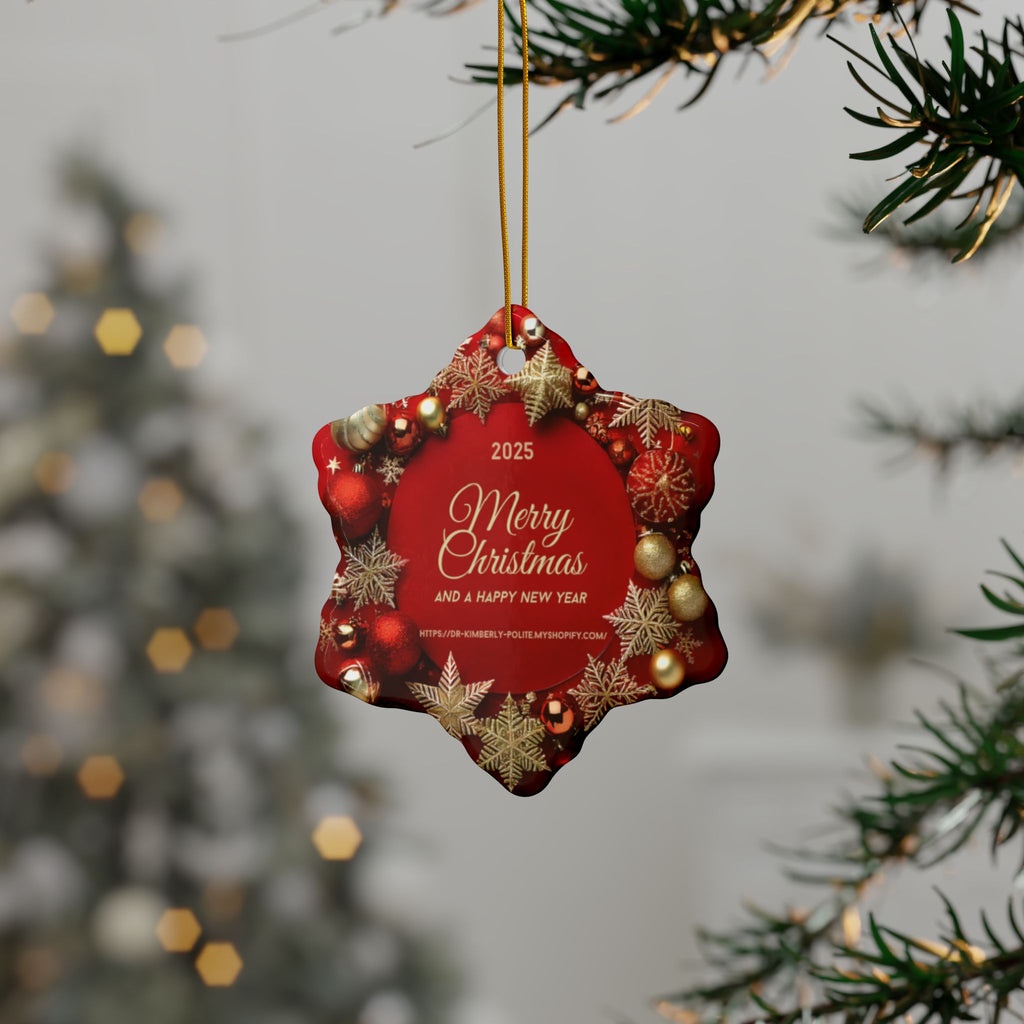 Merry Christmas 2025 Ceramic Ornament – Red & Gold Holiday Tree Decoration (2-Sided)