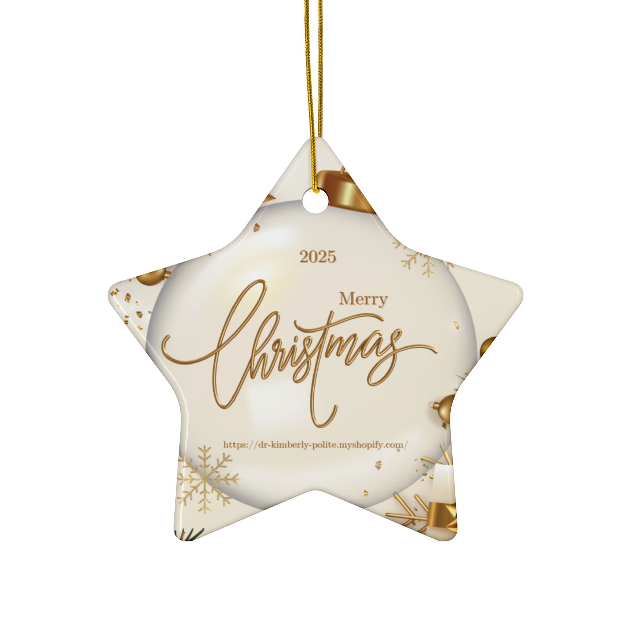 Merry Christmas 2025 Ceramic Ornament — Gold Holiday Tree Decoration (2-Sided)
