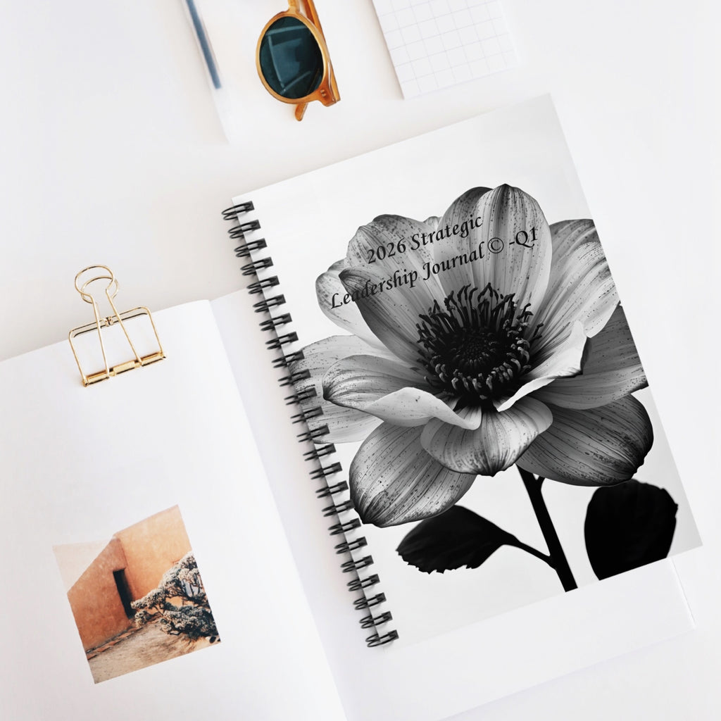 2026 Strategic Leadership Quarterly Journal — Black & White Florals -Spiral Ruled Journal-Unguided/Undated