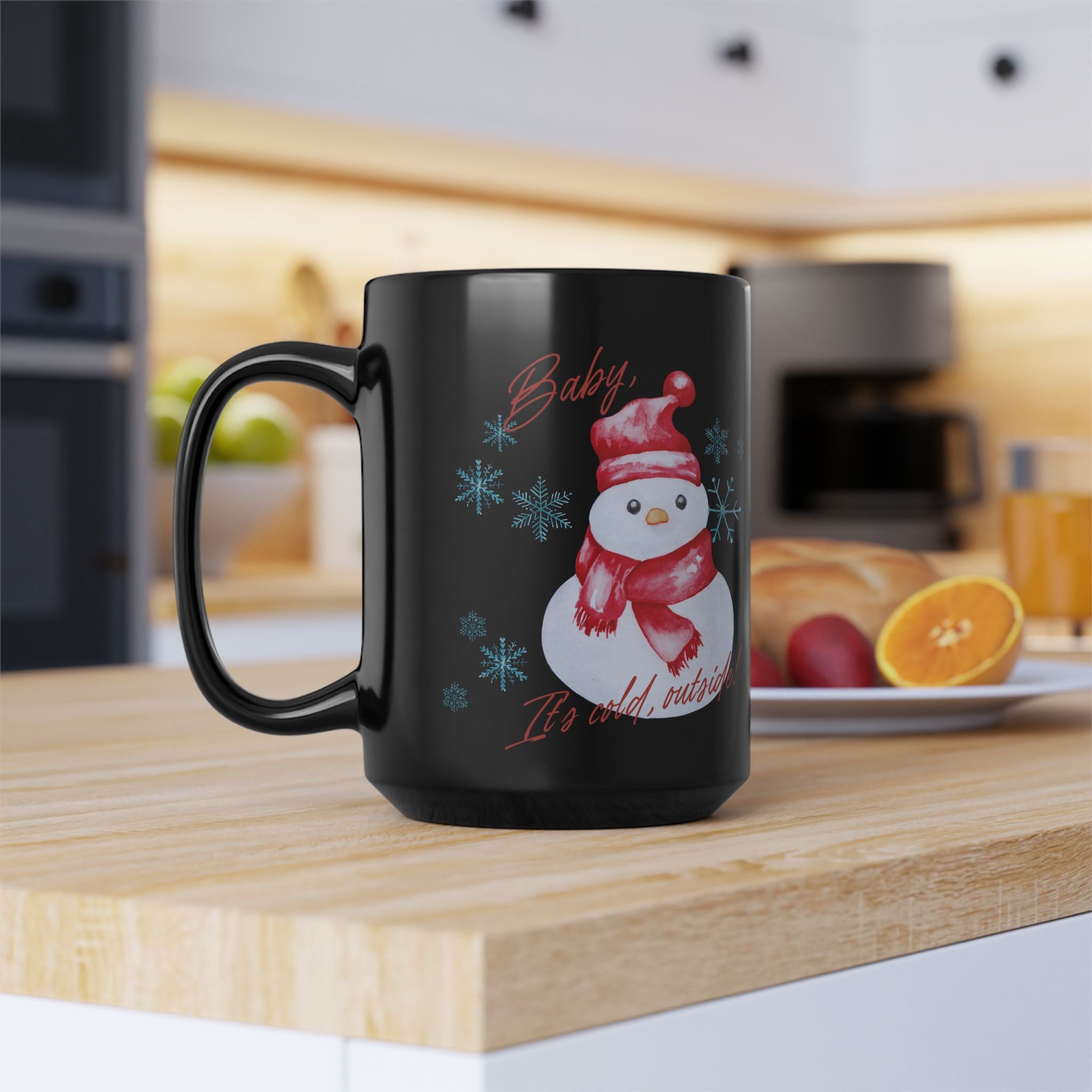 Snowman Christmas Mug — "Baby, It's Cold Outside" Black Ceramic Coffee Cup (11oz/15oz)