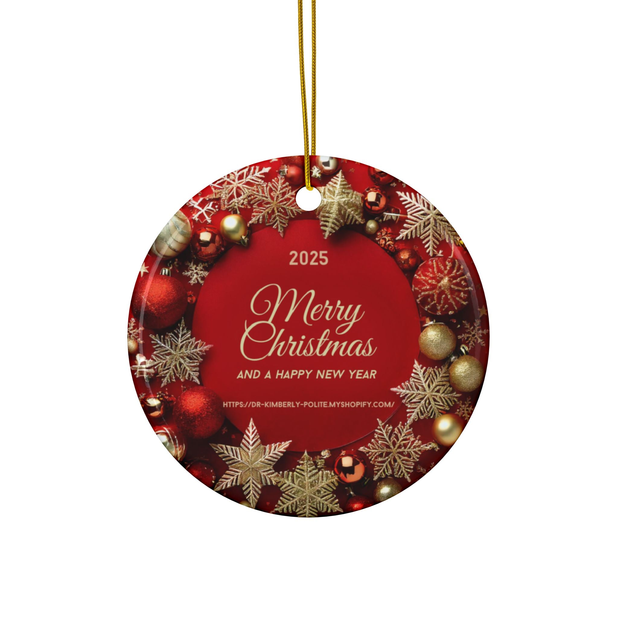 Merry Christmas 2025 Ceramic Ornament – Red & Gold Holiday Tree Decoration (2-Sided)