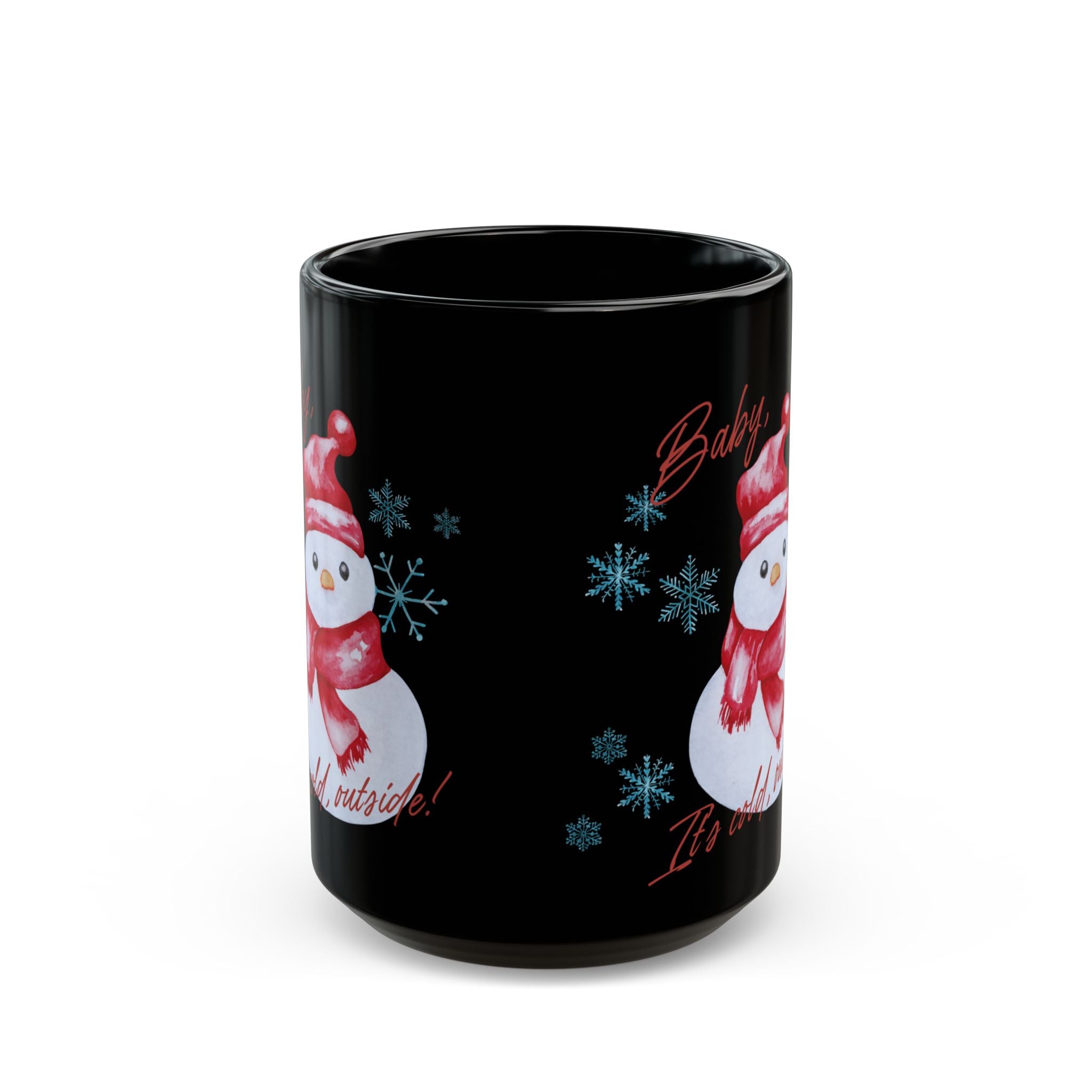 Snowman Christmas Mug — "Baby, It's Cold Outside" Black Ceramic Coffee Cup (11oz/15oz)