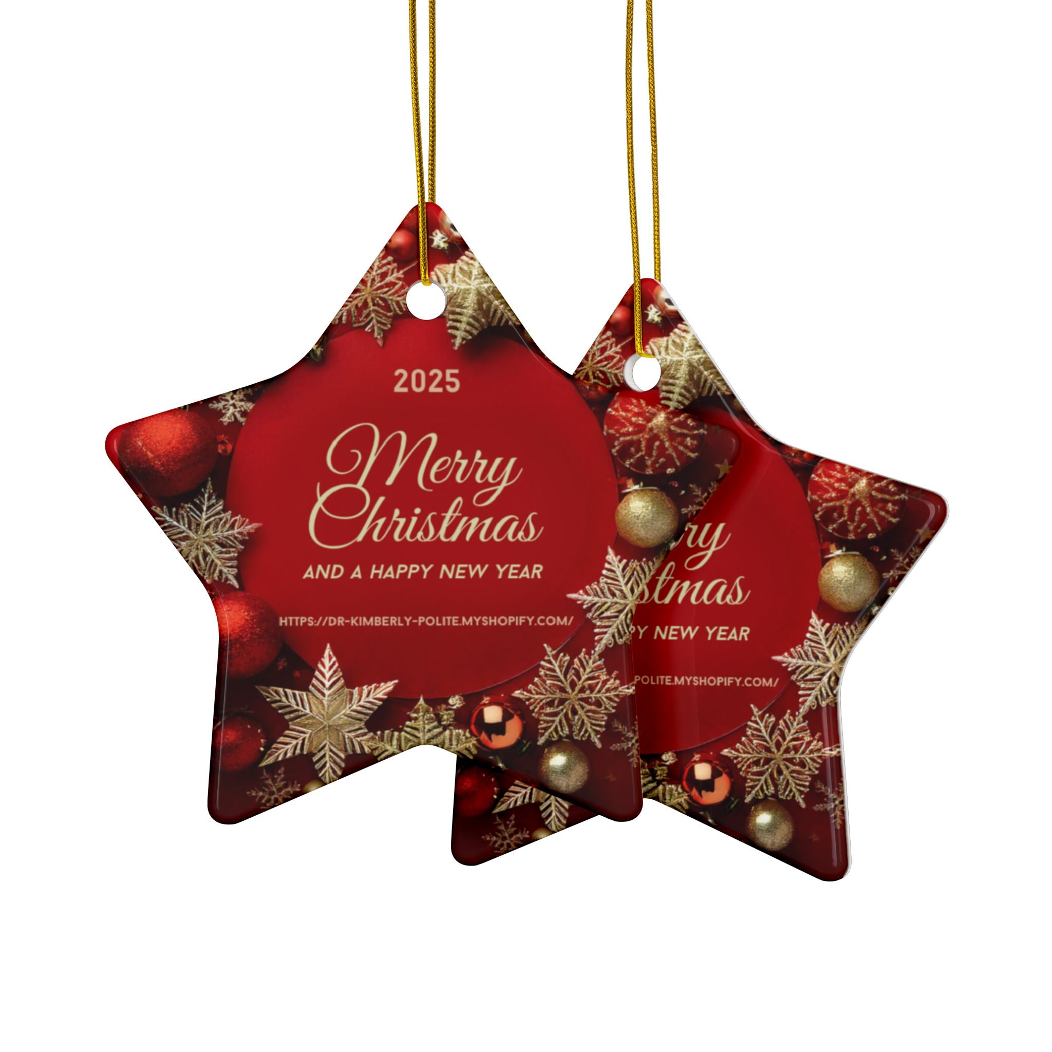 Merry Christmas 2025 Ceramic Ornament – Red & Gold Holiday Tree Decoration (2-Sided)