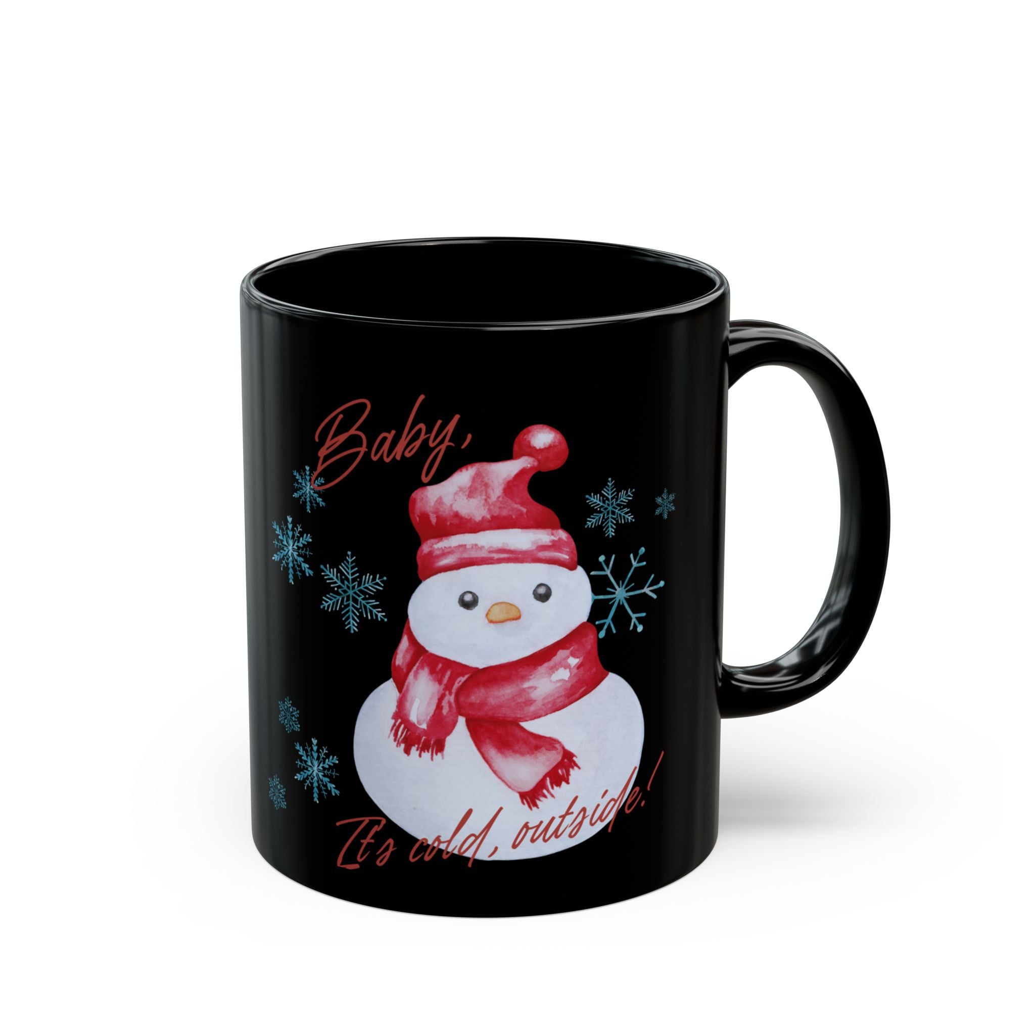 Snowman Christmas Mug — "Baby, It's Cold Outside" Black Ceramic Coffee Cup (11oz/15oz)