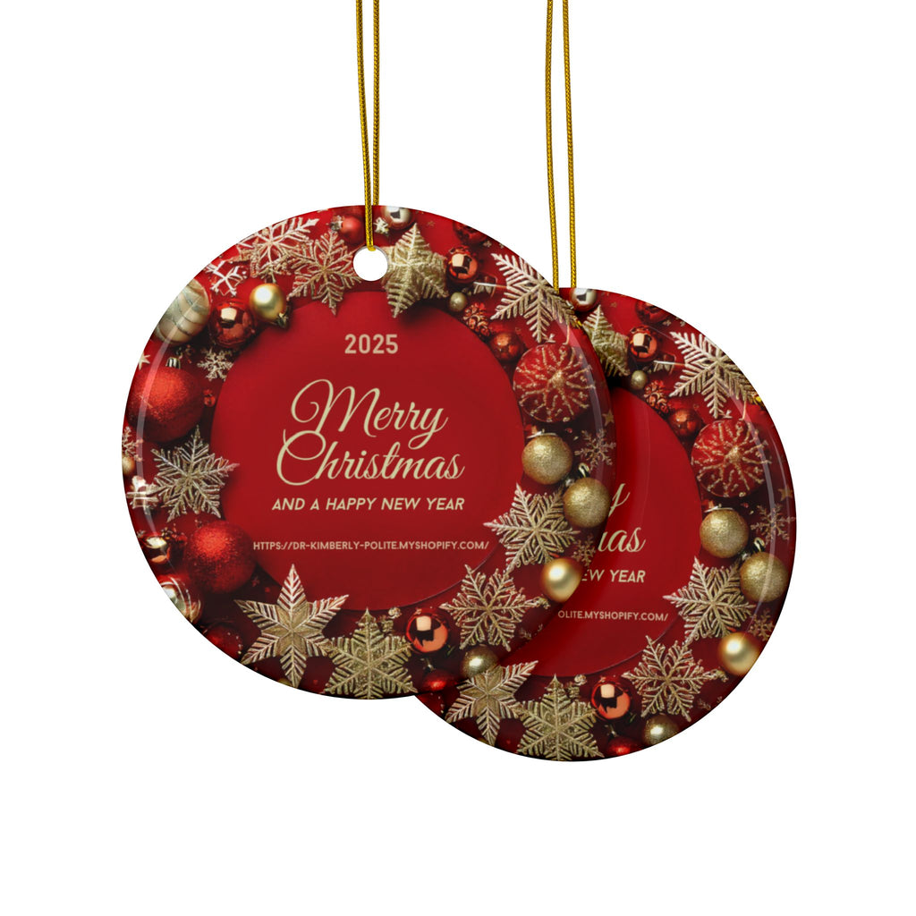 Merry Christmas 2025 Ceramic Ornament – Red & Gold Holiday Tree Decoration (2-Sided)