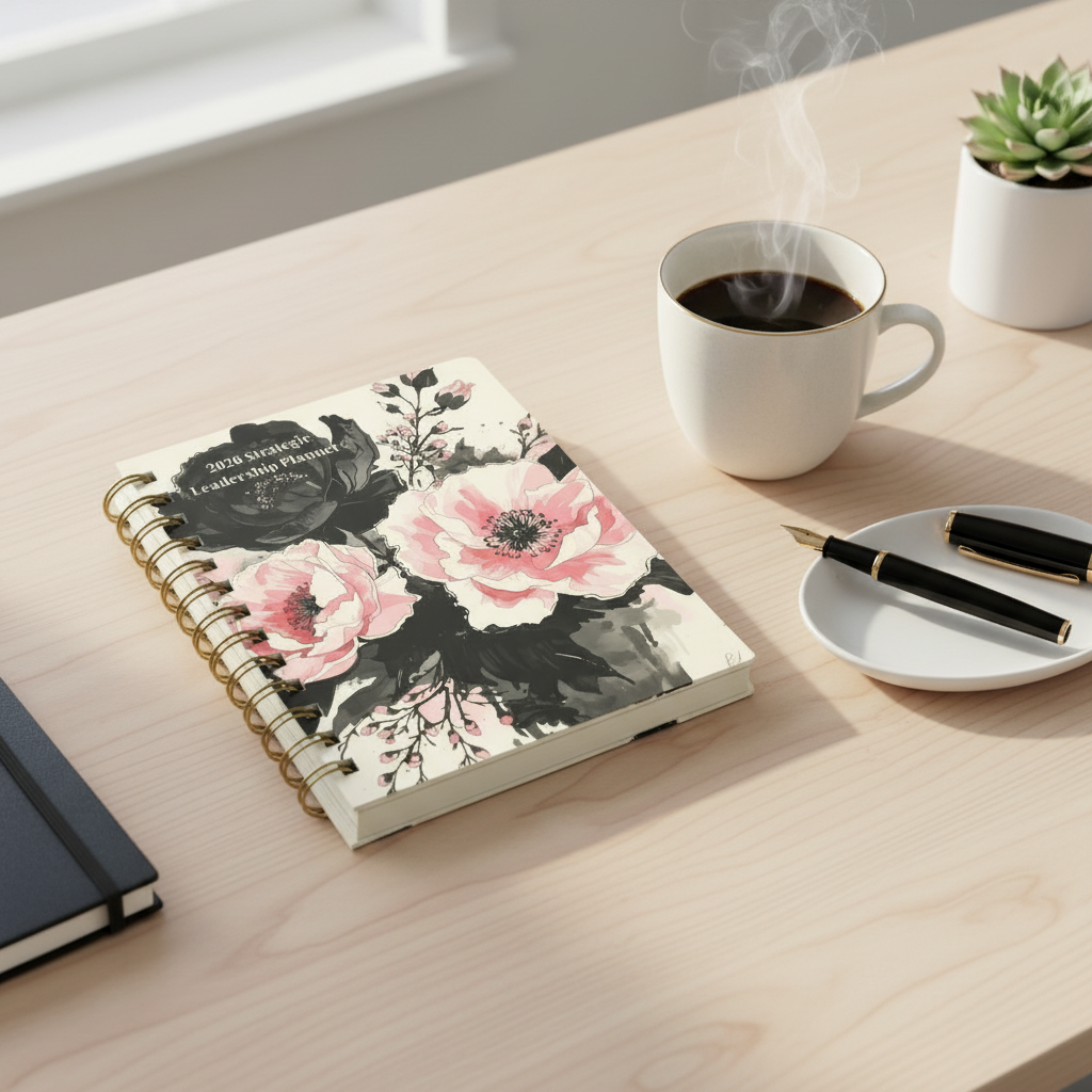 put this same mockup on a beautiful desk with a cup of coffee and a beautiful pin