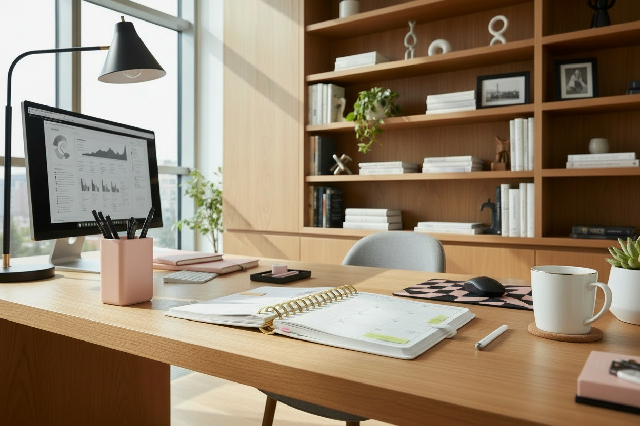 use this picture with blush colored and black accessories that are classy and clean